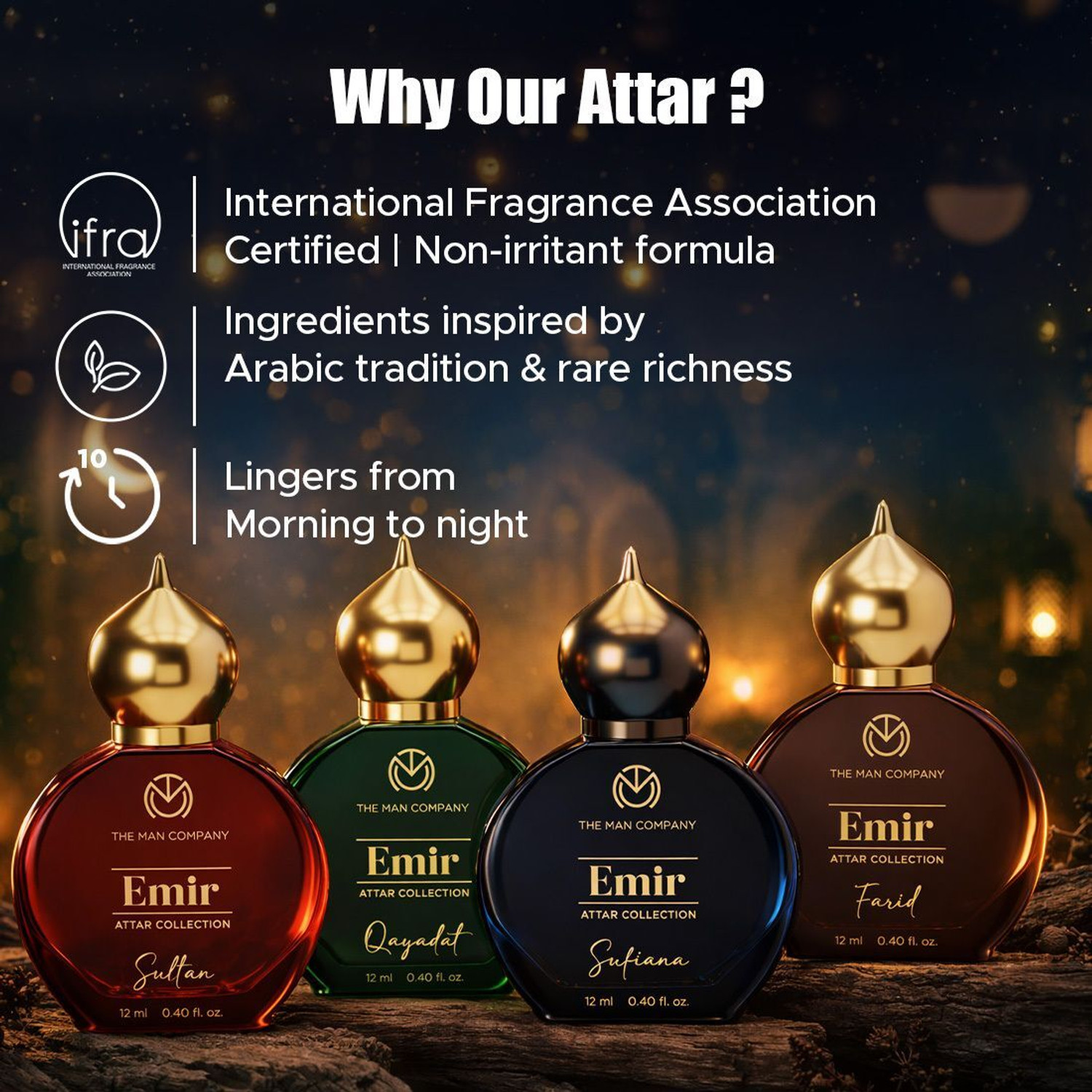 Image of THE MAN COMPANY Attar Gift SetFarid, Sufiana, Sultan & QayadatPremiumAlcohol-FreeUnisex(4x12ml) Floral Attar