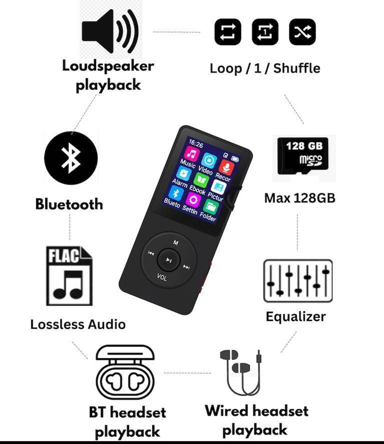 XZOR Compact BT MP3 Player with Earbuds,Speaker,Recorder, Shuffle