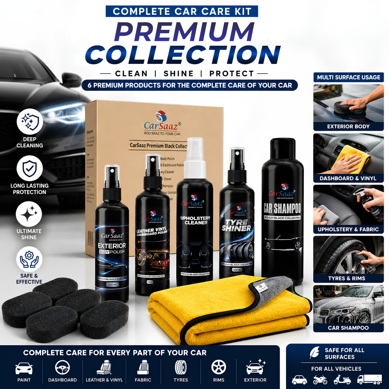 Image of Carsaaz Car & Bike Care Kit, Polish & Shampoo, Microfiber cloth 320 GSM, 4 Applicator Pads Combo