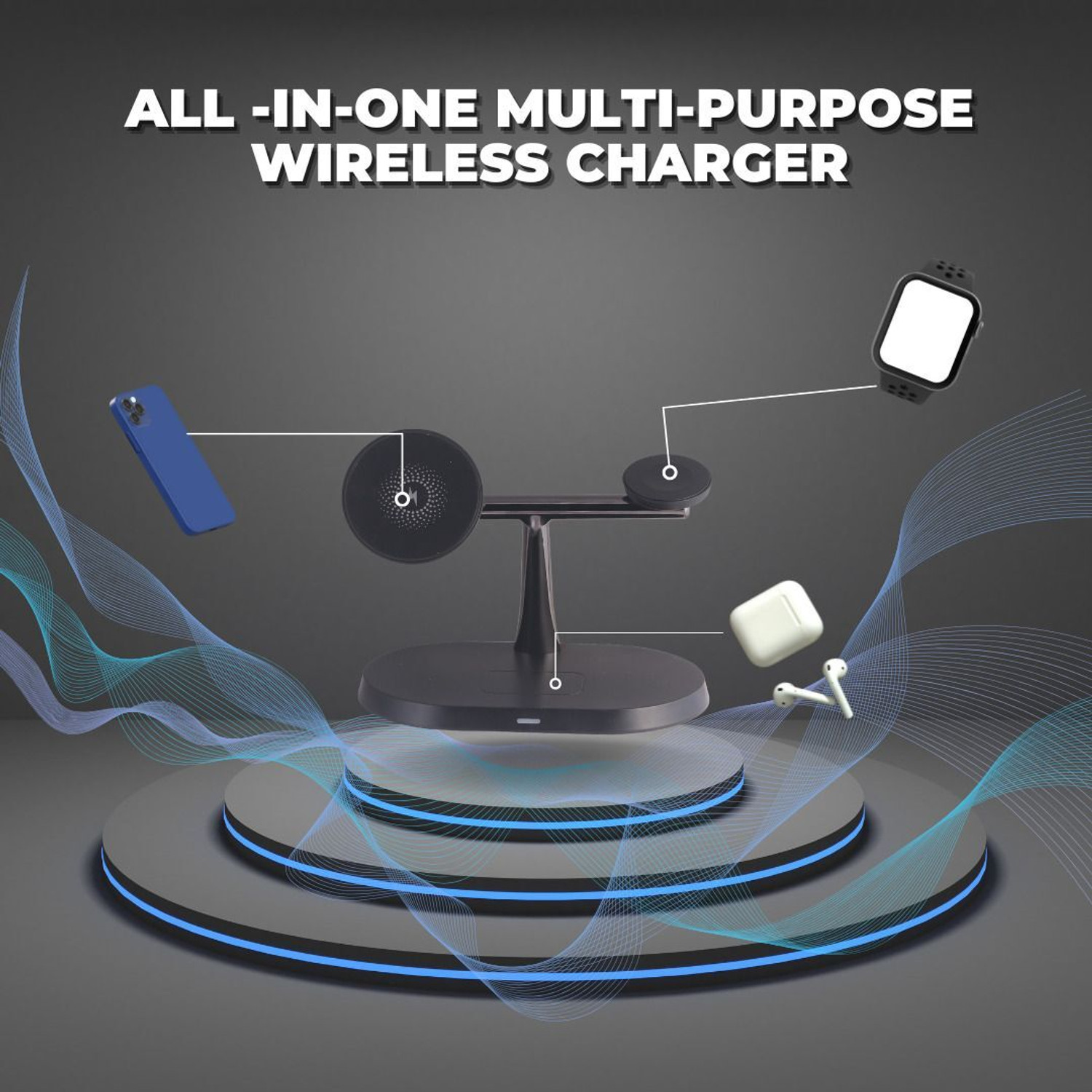 Image of GVC 3-in-1 Wireless Charger, 15W Fast Charging Dock, Magnetic Charger Black Combo