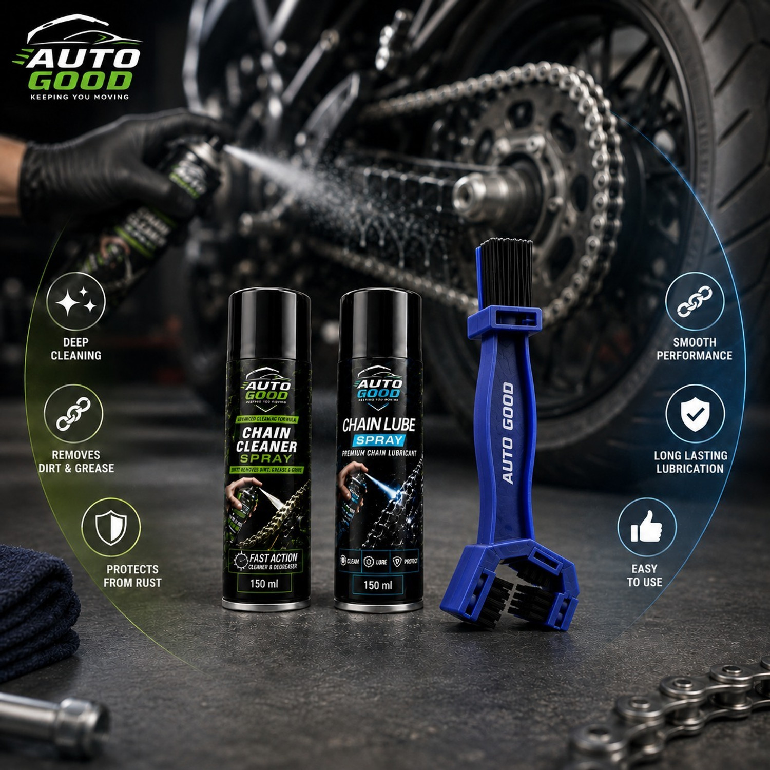 Image of Auto good Chain Cleaner, Chain Lube, Each 150 ML, + Free Chain Cleaning Brush Included Combo