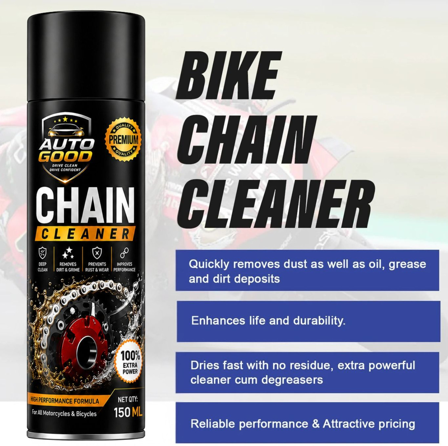 Image of Auto good Advanced Chain Maintenance Spray Kit For Long Lasting Friction High Performance Motorcycle Chain Care Combo With Cleaner Lubricant Chain Oil (1000 ml, Pack of 3)