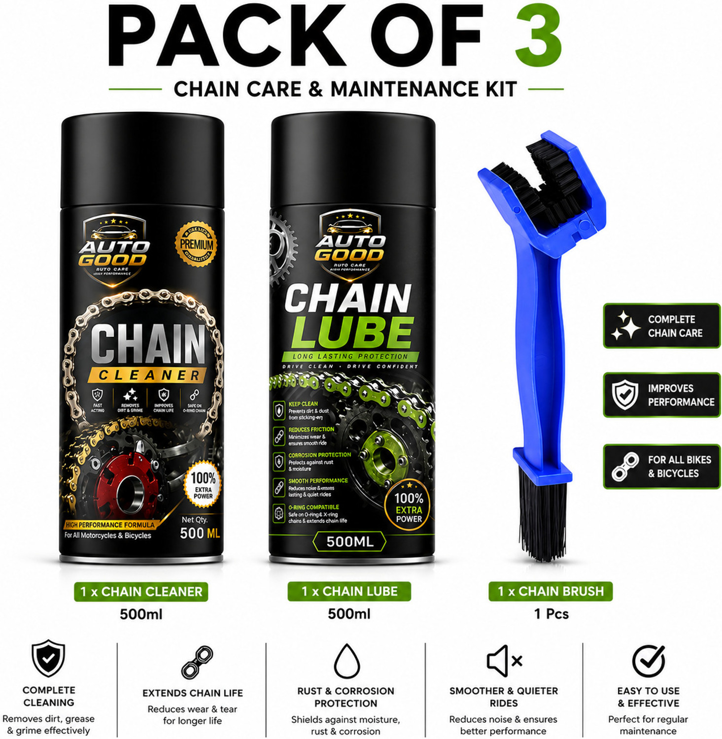 Image of Auto good 1 Chain Cleaner, 1 Chain Lube, 1 Chain Cleaning Brush Combo