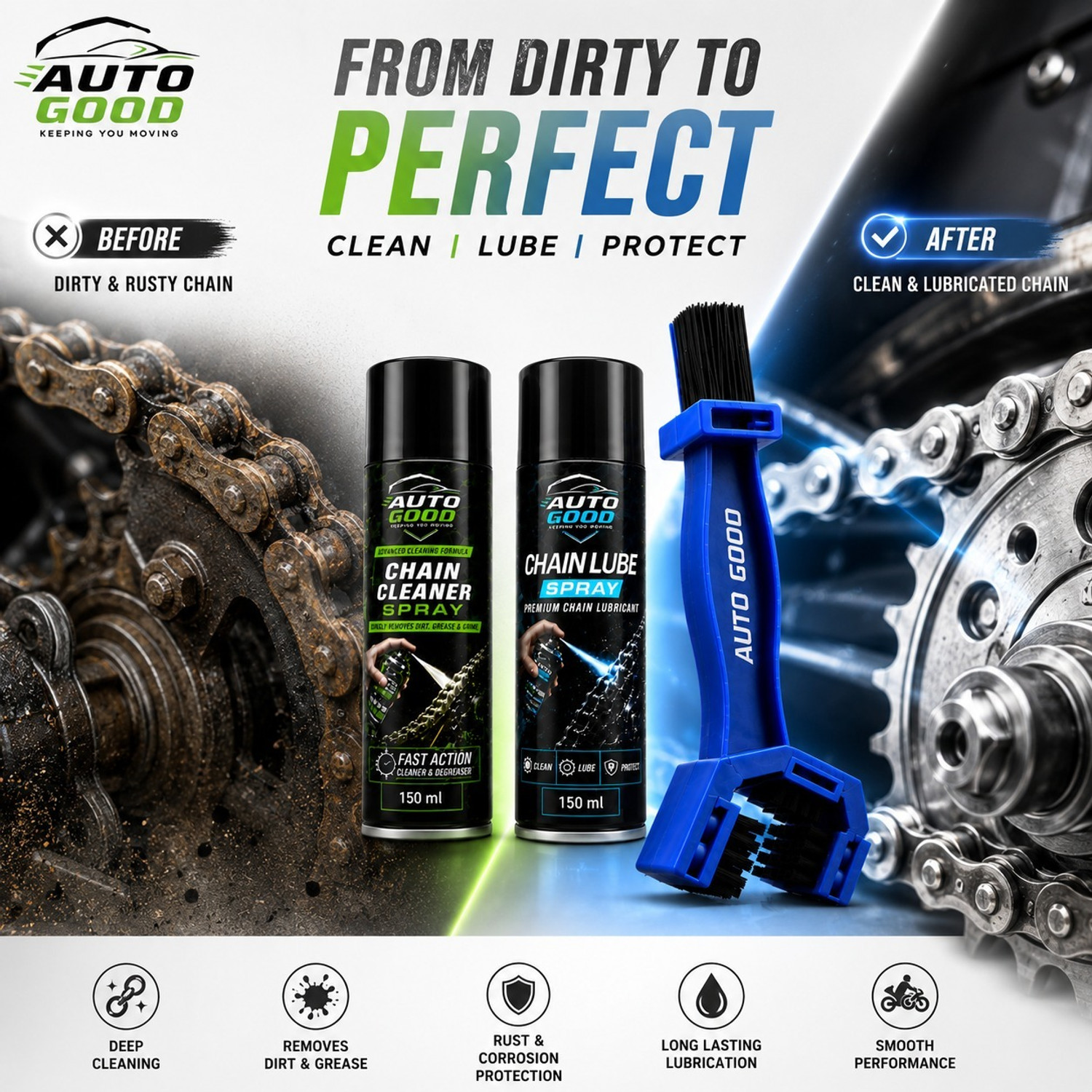Image of Auto good Motorcycle Chain Care Kit | Chain Cleaner, Chain Lube Spray & Cleaning Brush Premium Bike Chain Cleaning Kit | 150 ml Cleaner + 150 ml Lube + Brush Chain Oil