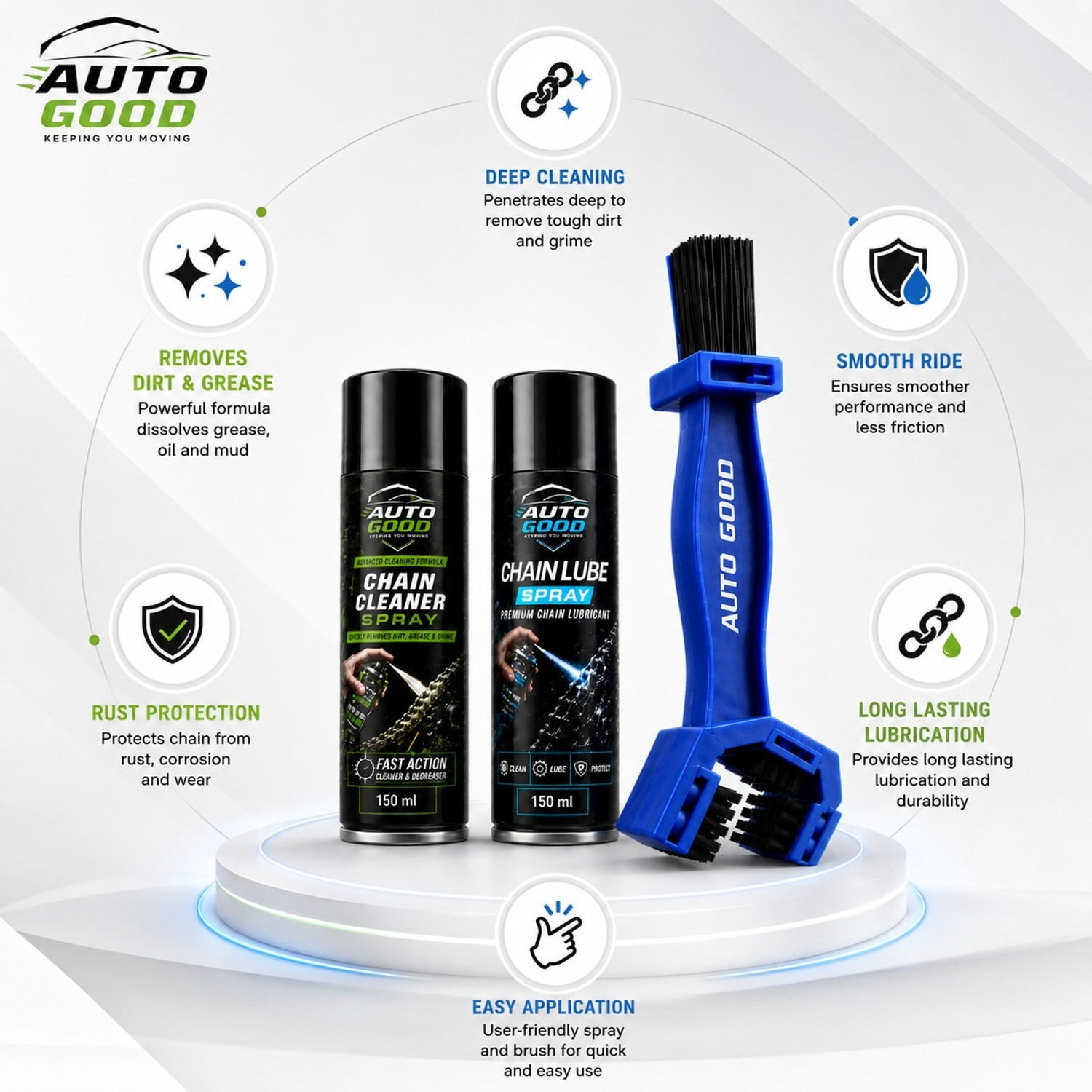 Image of Auto good Motorcycle Chain Care Kit | Chain Cleaner, Chain Lube Spray & Cleaning Brush Premium Bike Chain Cleaning Kit | 150 ml Cleaner + 150 ml Lube + Brush Chain Oil