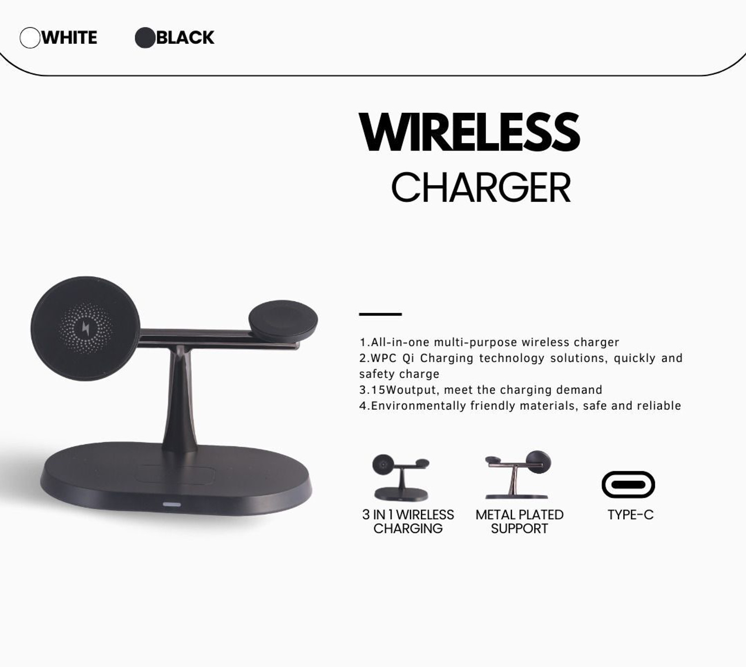 Image of GVC 3-in-1 Wireless Charger, 15W Fast Charging Dock, Magnetic Charger Black Combo