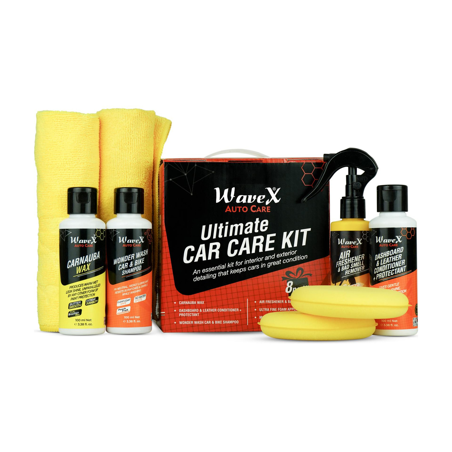 Image of Wavex Dashboard Polish, Carnauba Wax, Car Shampoo, Car Perfume, Applicator, Microfiber Combo
