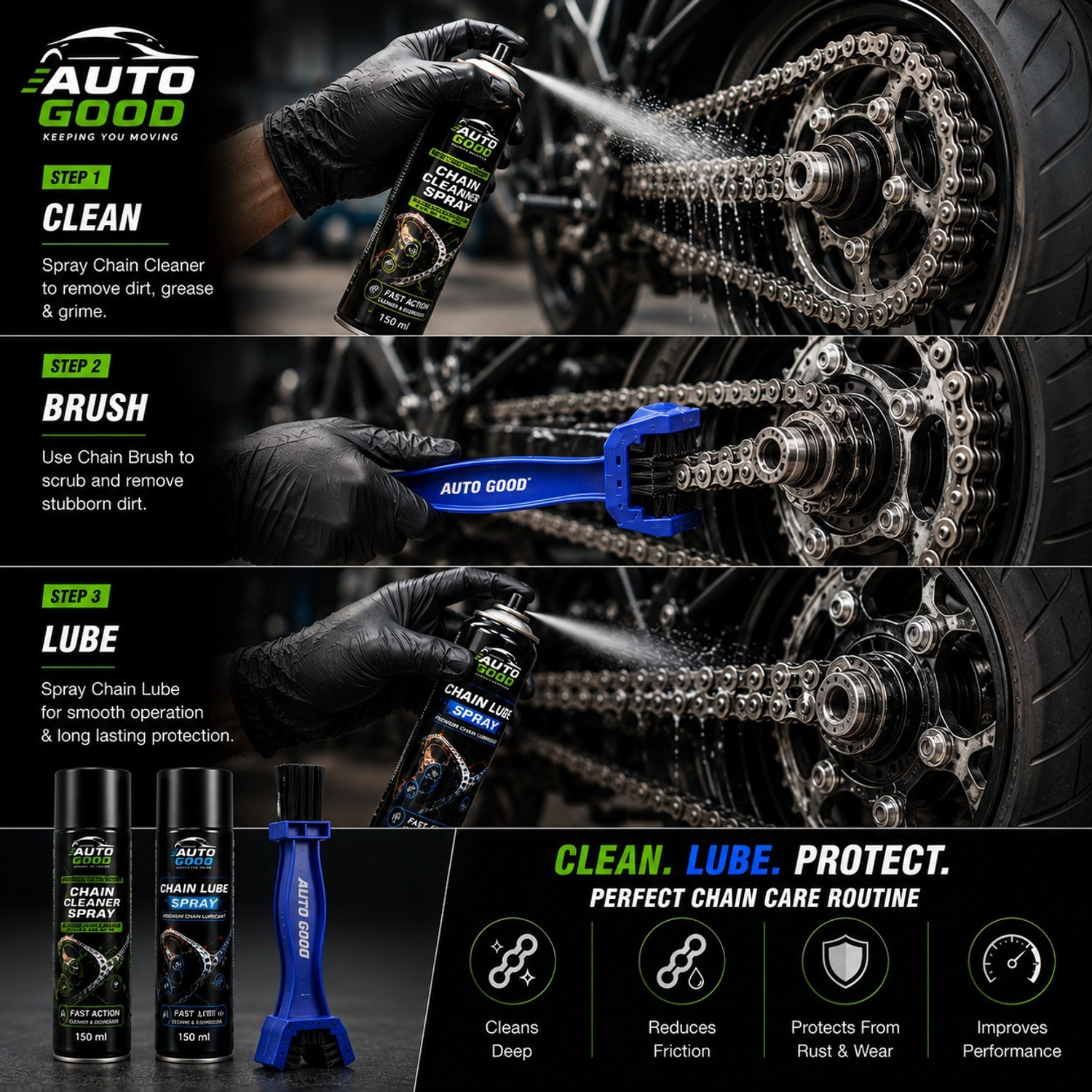 Image of Auto good Chain Cleaner, Chain Lube, Each 150 ML, + Free Chain Cleaning Brush Included Combo