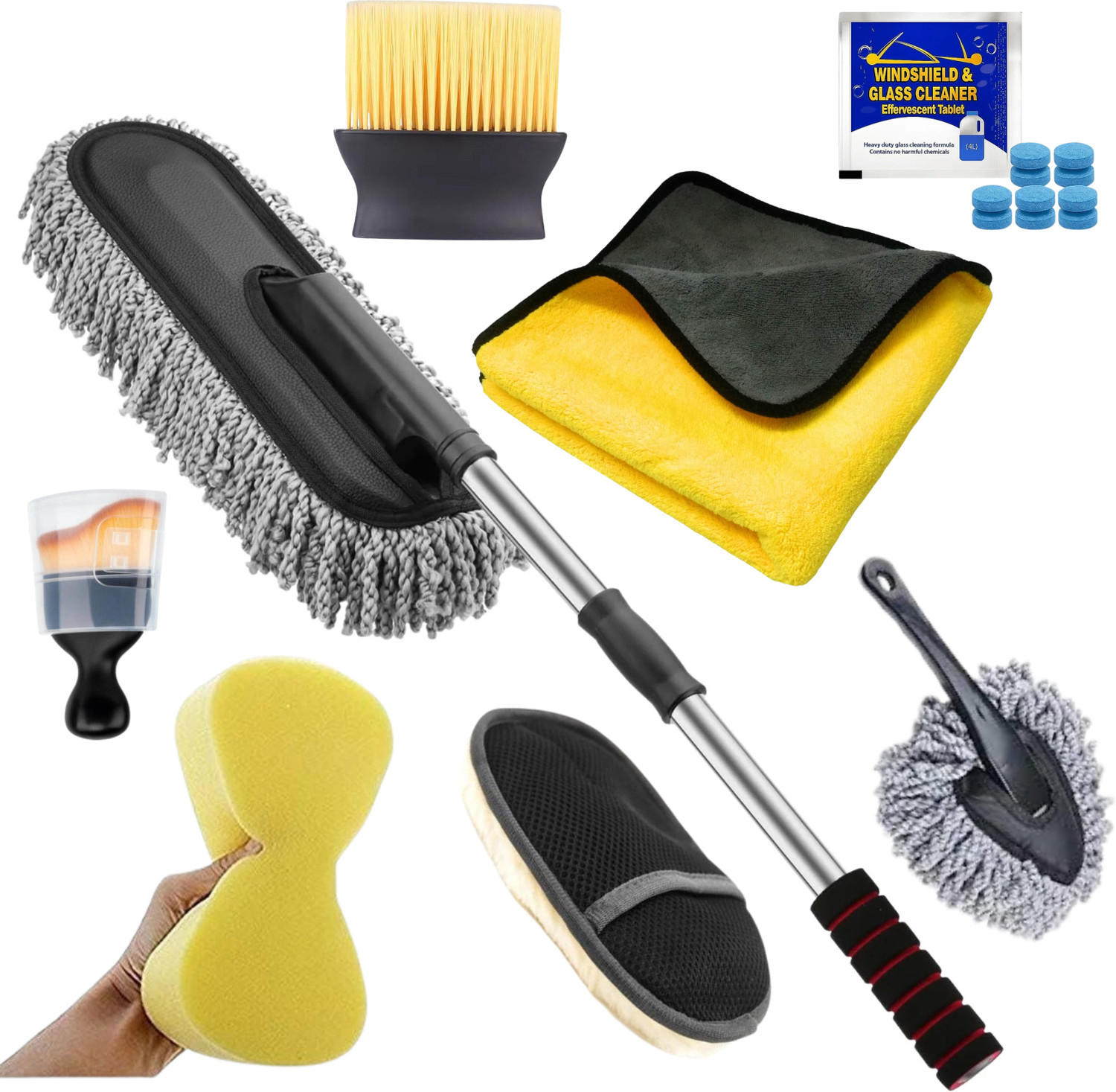 Image of Decozare BIG & SMALL CAR DUSTER, BIG & SMALL INNER BRUSH, MICROFIBER CLOTH, MITT GLOVE & SPONGE Combo