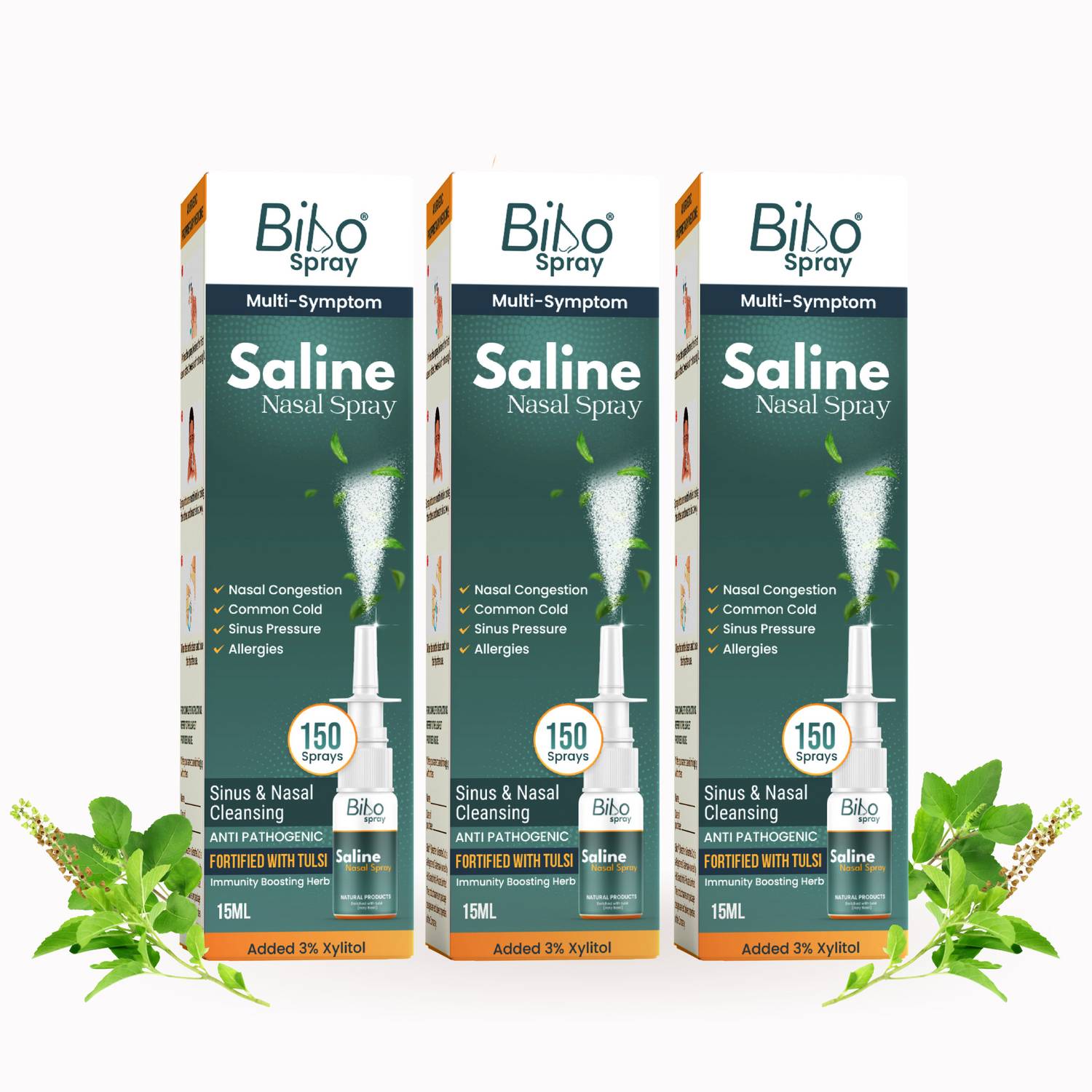 BIBOSpray|SalineNasalSpray|FortifiedwithTulsi|IMMUNITYBooster|PumpSpray|PremiumAyurveda|Packof3*15MLManualNasalAspirator(White)