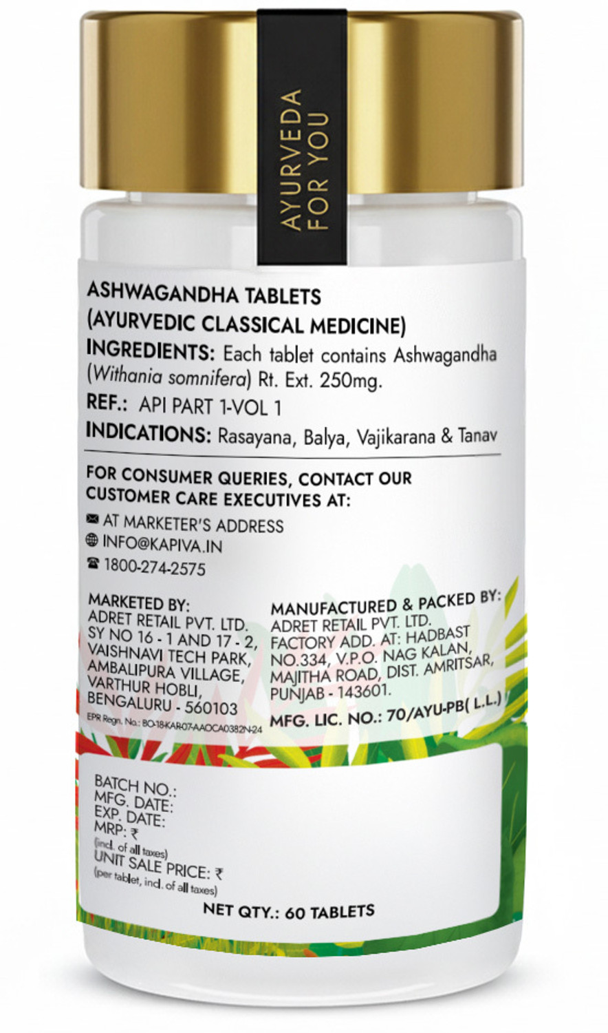 Image of Kapiva Ashwagandha 250 mg Tablet, 5% Withanolides, 100% Root Derived, Stress Reliever