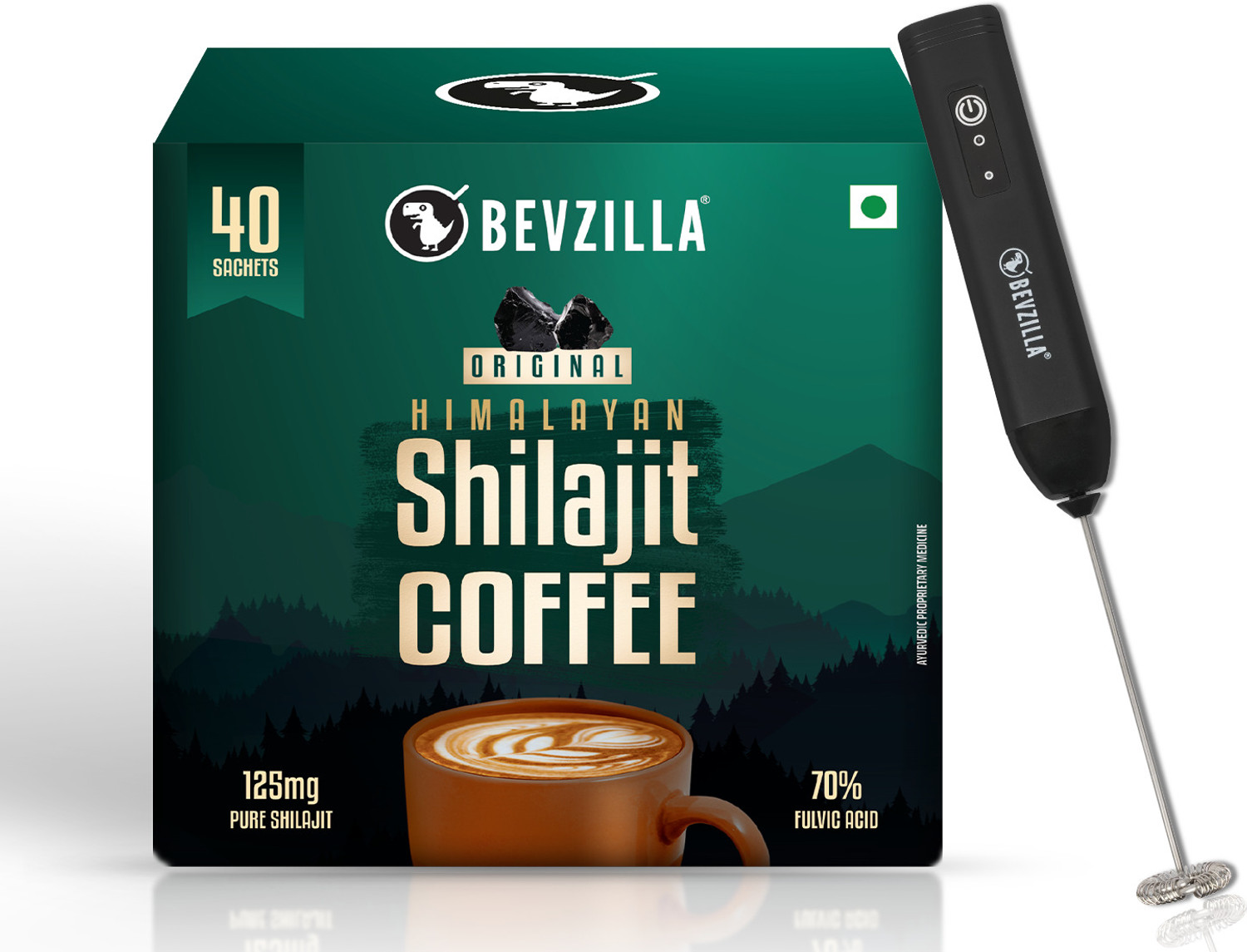 Image of Bevzilla Himalayan Shilajit Coffee Powder with Rechargeable Frother | 40 Sachets x 2.5 g
