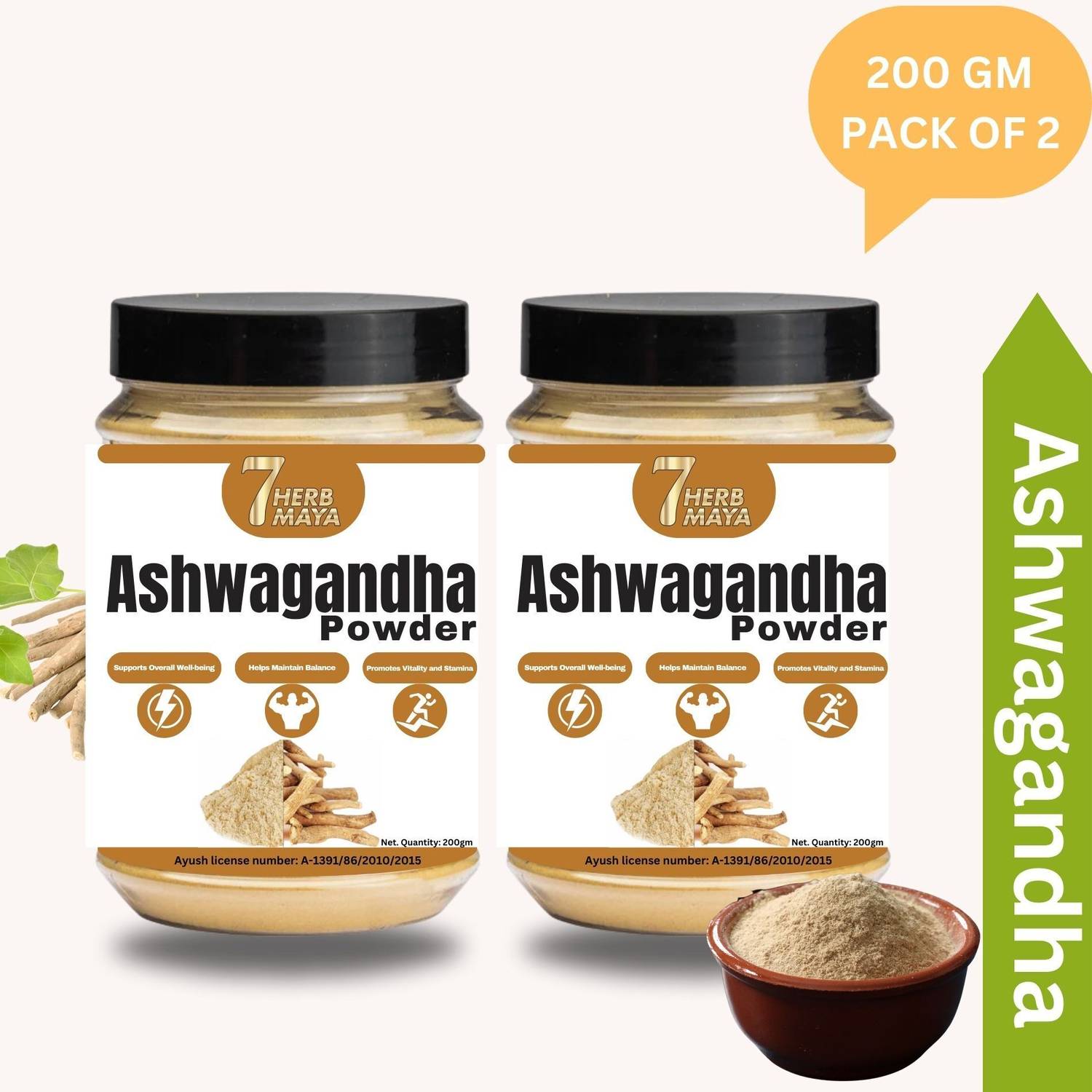 7Herbmaya Pure and Natural Ashwagandha Powder | Ayurvedic Ashwagandha Curan Each 200