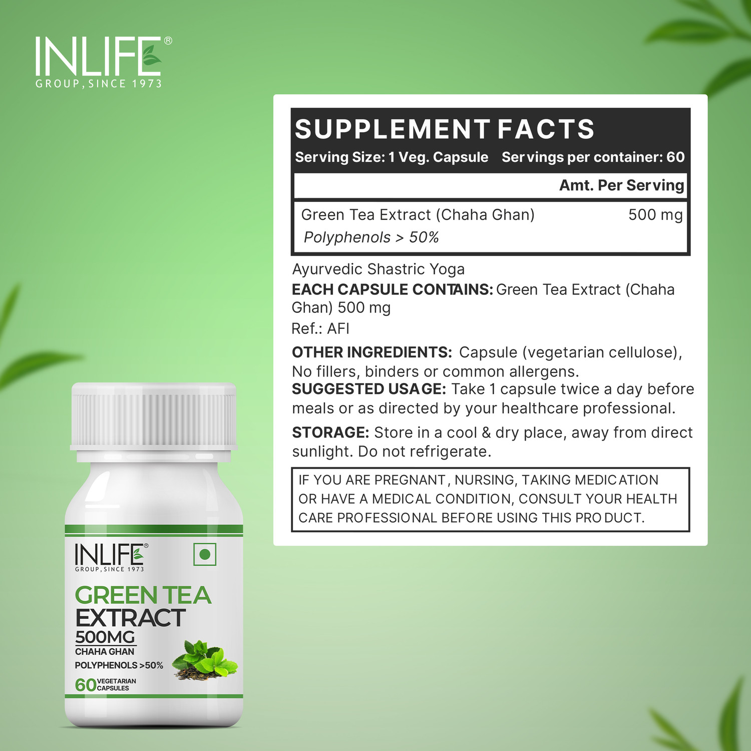 Image of INLIFE Green Tea Extract Capsules Herbal Supplement for Men Women, 500mg - 60 Capsules