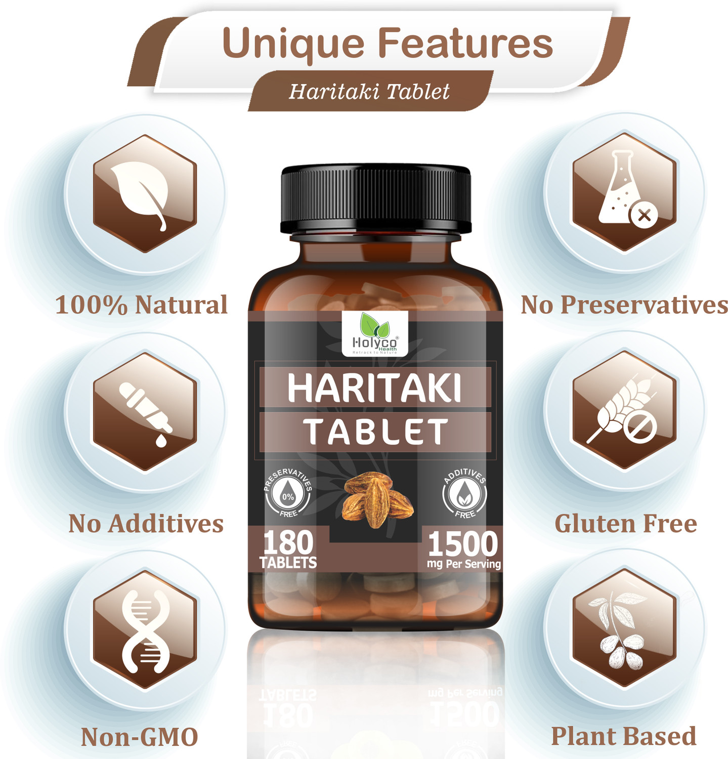 Image of Holyco Health Haritaki Tablet | Harde, Harad, Kadukkai, Himaj | 180 Tablets (180 Tablets)