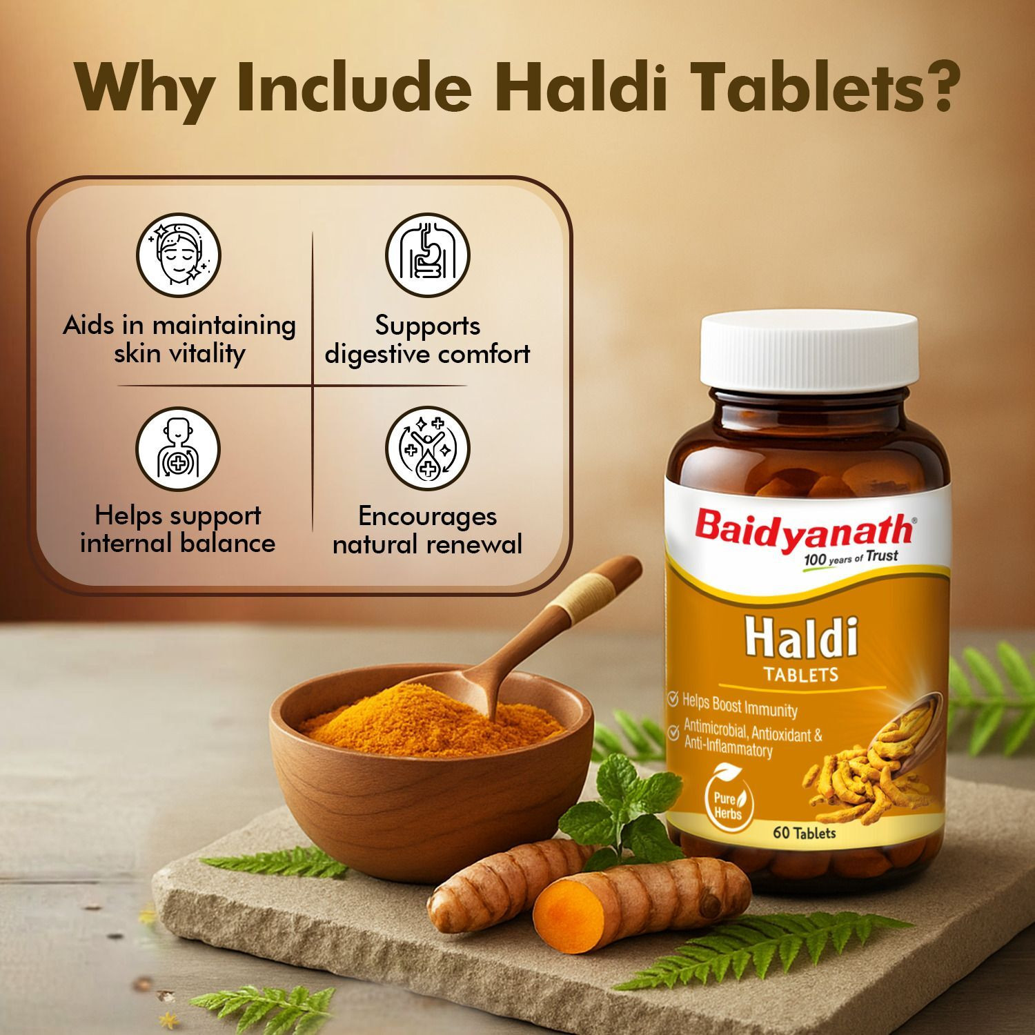 Image of Baidyanath Haldi Tablets -60 Tab| Helps Boost Immunity, Blood Cleansing & Skin Problems