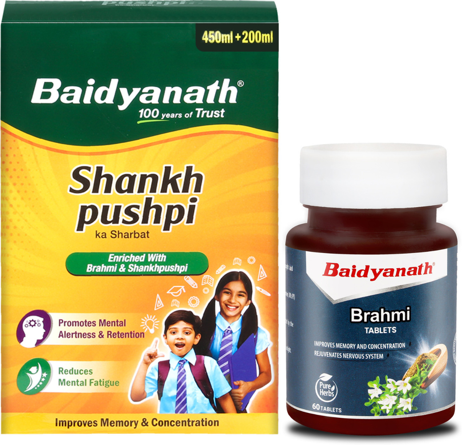 Image of Baidyanath Memory Health Combo- Shankha Pushpi Sharbat- 650ML, Brahmi Tablet 60TB