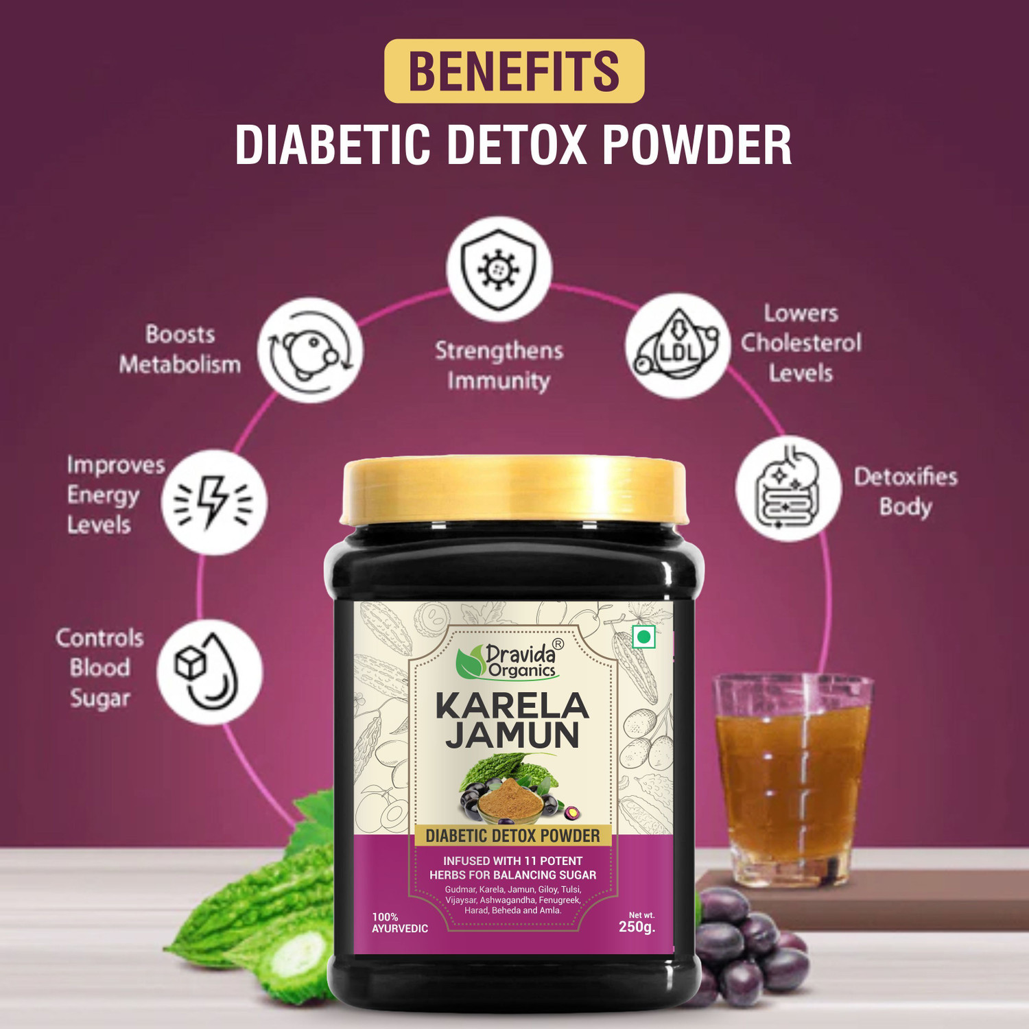 Image of DRAVIDA ORGANICS Karela Jamun Powder With 11 Potent Herbs Helps Regulate Sugar Management (250 g)