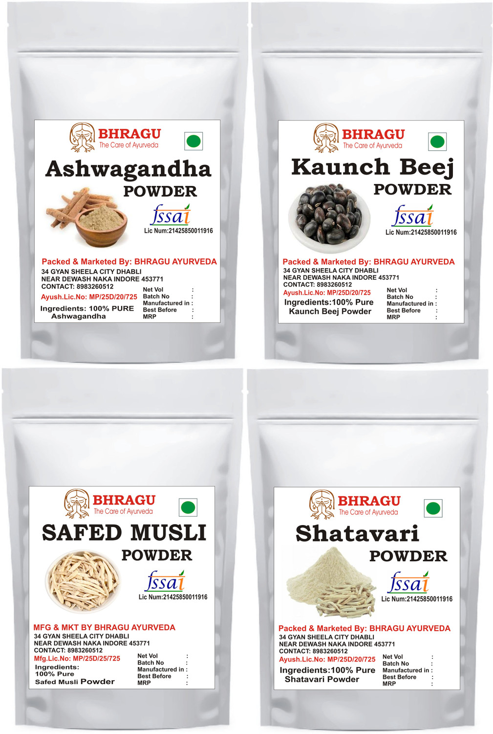 Image of BHRAGU AYURVEDA Ashwagandha,Safed Musli,Shatavari,Kounch /Konch Beej Powder Combo Pack