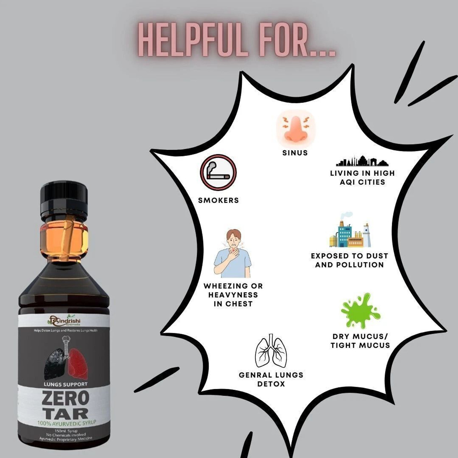 Image of Hindrishi Ayurveda Zero Tar Syrup helps you to remove the tar from the lungs, improves breathing pattern and removes the toxins and prevent your lung from harmful pollutants.