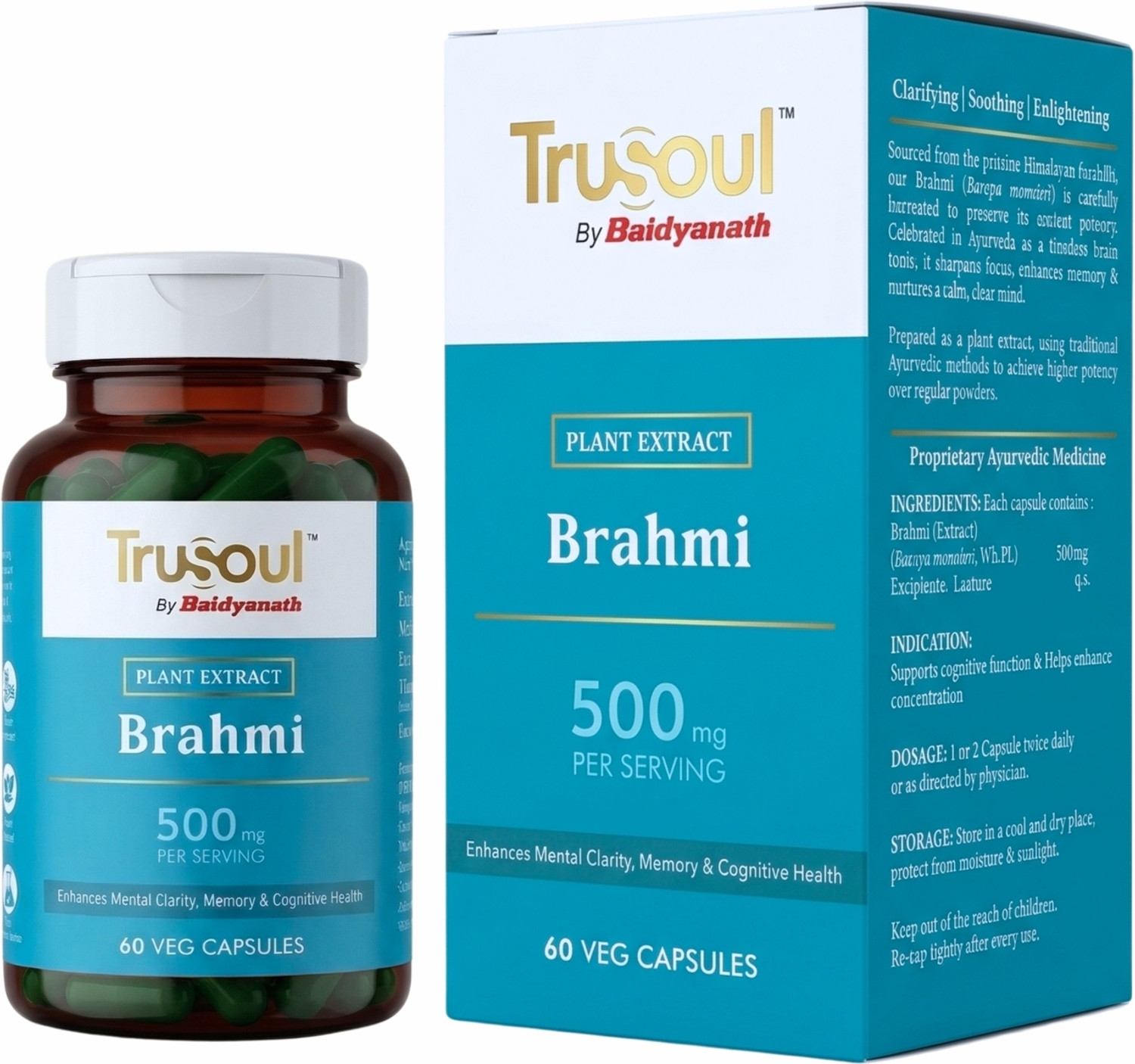 Image of Trusoul Brahmi Capsule - 500mg | Helps Enhance Mental Clarity, Memory & Cognitive Health
