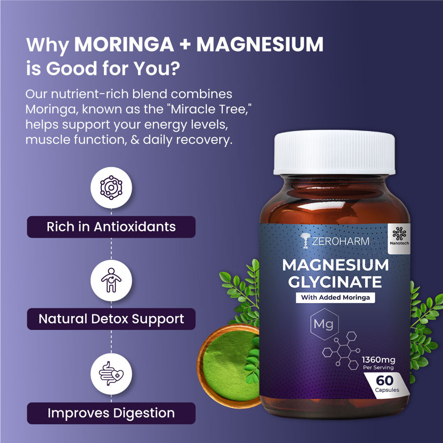 Image of ZEROHARM Magnesium Glycinate with Moringa for Sleep,Muscle Relaxation, Bone, Heart Health
