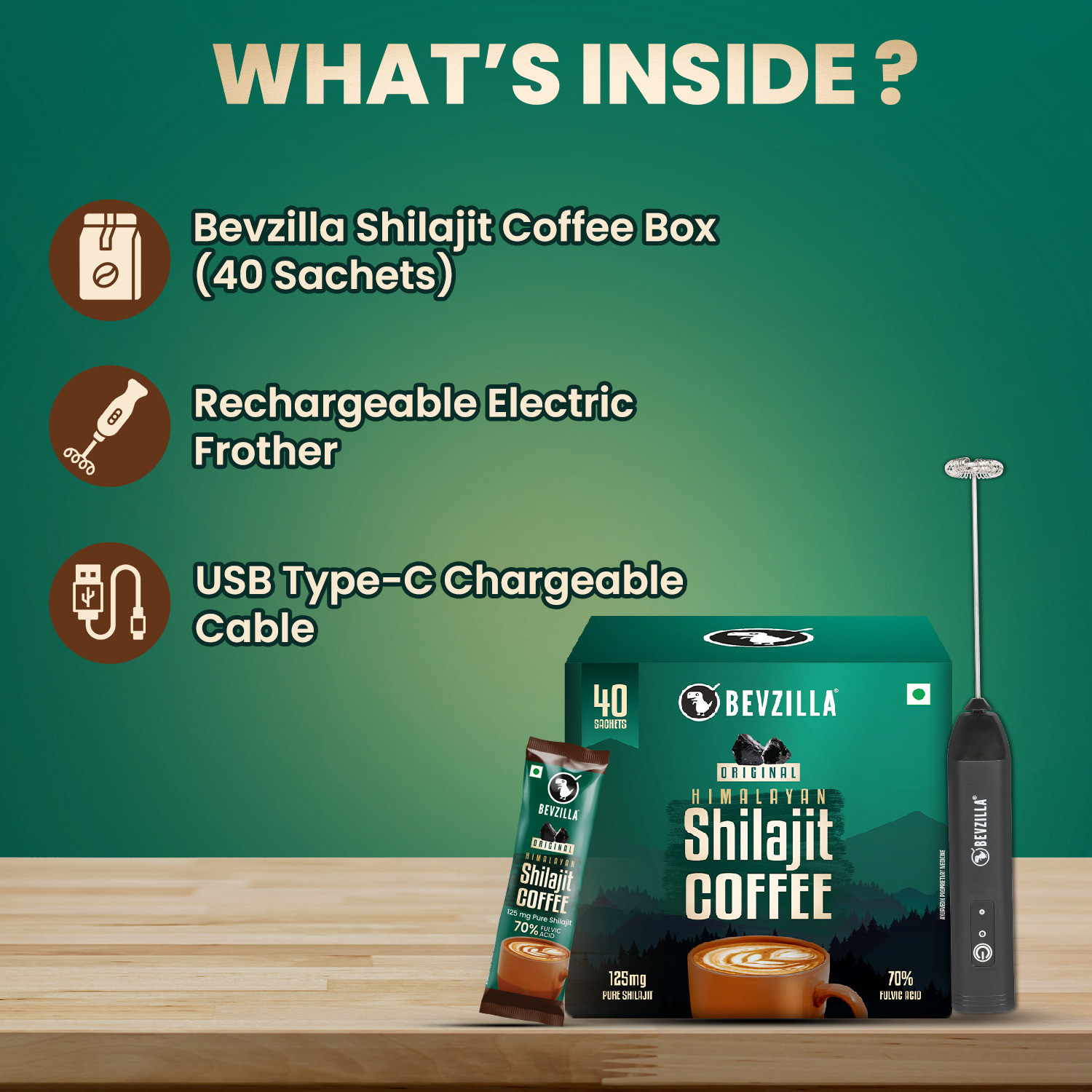 Image of Bevzilla Himalayan Shilajit Coffee Powder with Rechargeable Frother | 40 Sachets x 2.5 g