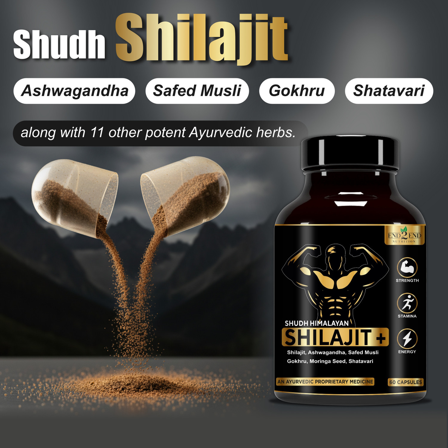 Image of End2End Nutrition Himalayan Shilajit with Ashwagandha & Gokhru | 16 Ayurvedic Herbs | Muscle Gain