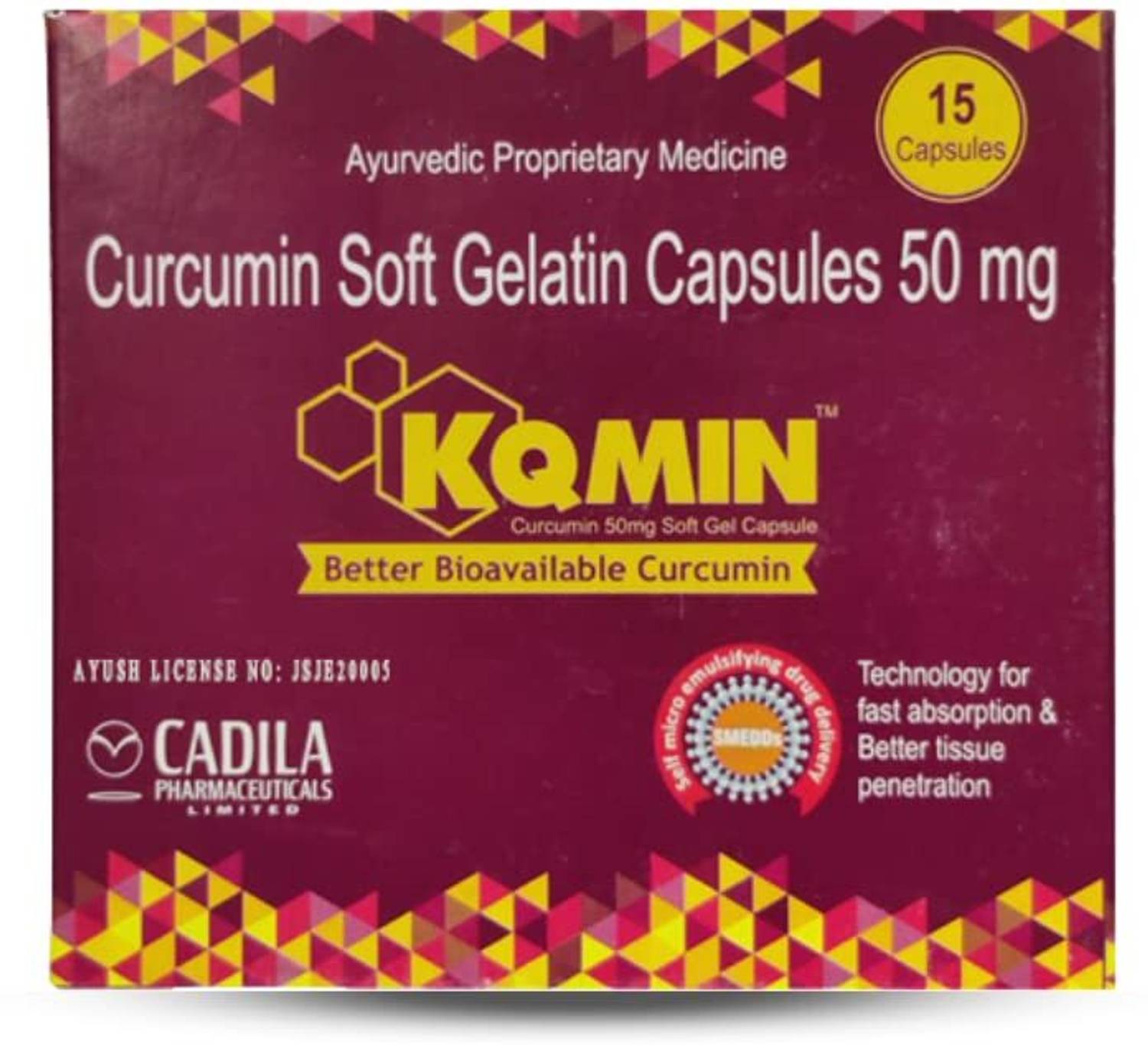 CADILA KQMIN Capsule| Curcumin Soft Gelatin Capsule | Patented technology|Pack Of 15cap