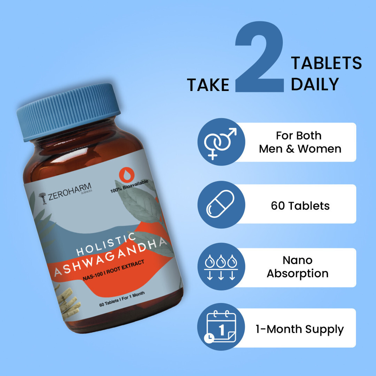 Image of ZEROHARM Holistic Ashwagandha - Nano Formulated for Energy, Stress Relief & Mood Support