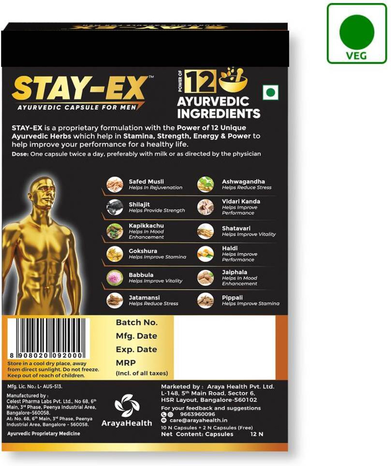 Image of Stay-EX Ayurvedic Capsules for Men | Power of 12 Ayurvedic Herbs for Stamina & Energy