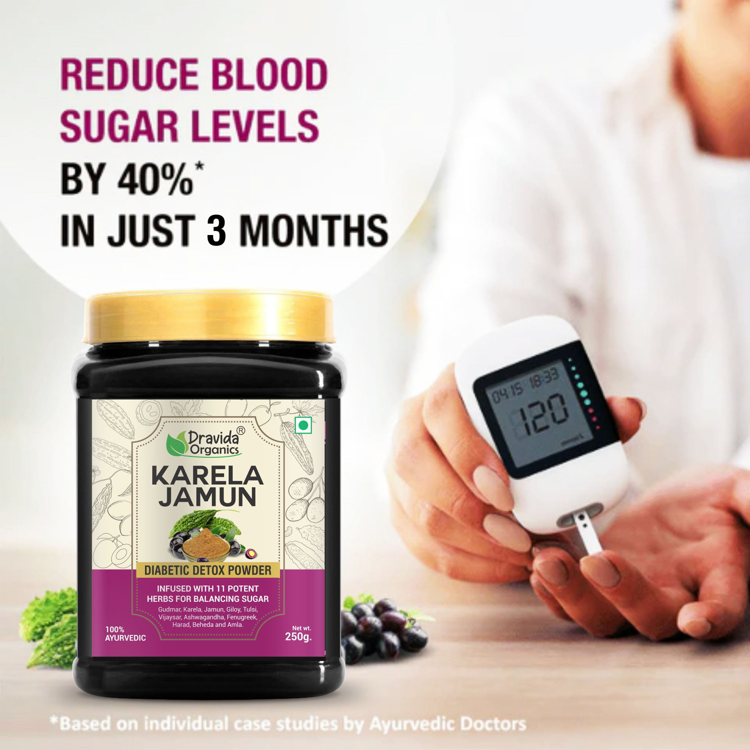 Image of DRAVIDA ORGANICS Karela Jamun Powder With 11 Potent Herbs Helps Regulate Sugar Management (250 g)