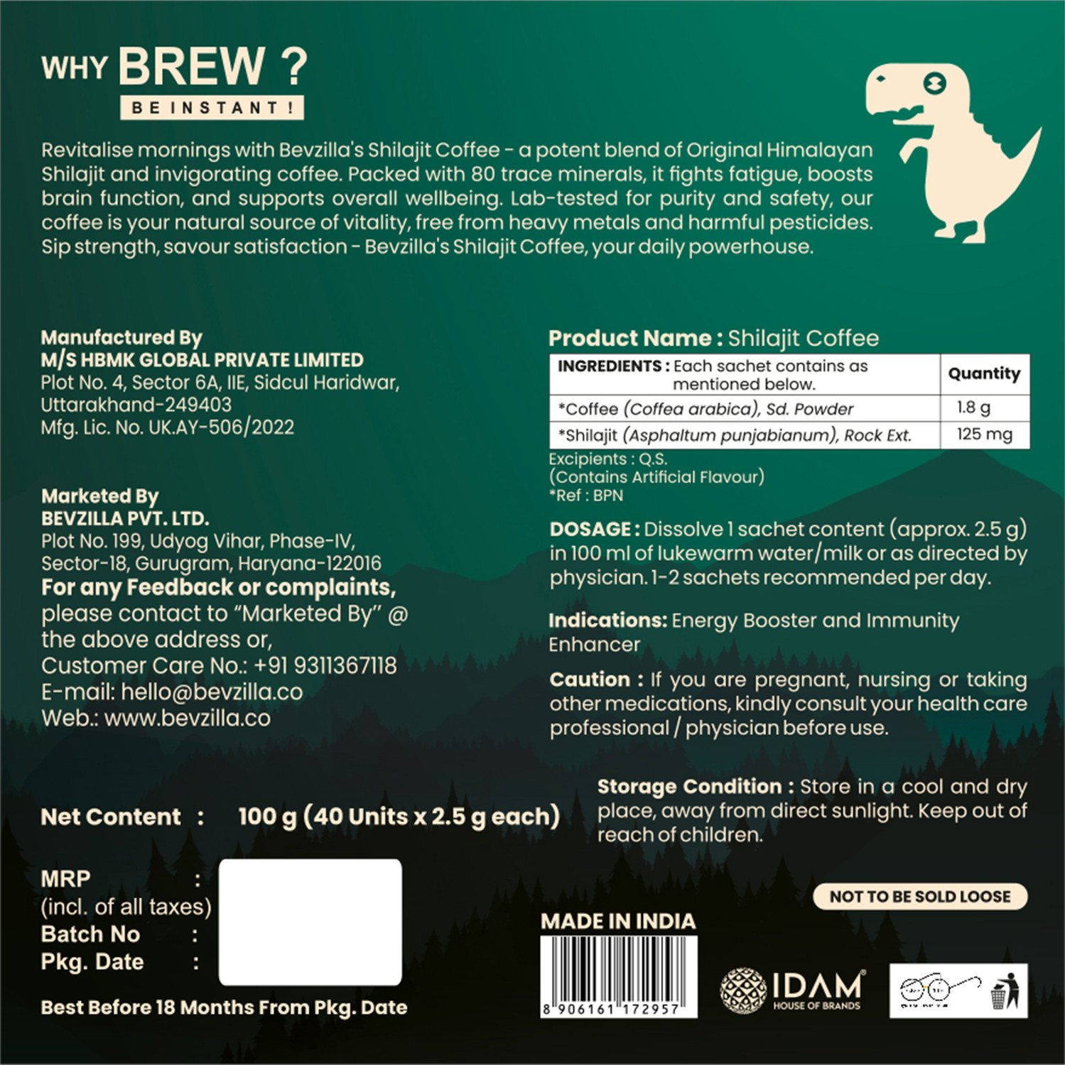 Image of Bevzilla Himalayan Shilajit Coffee Powder with Rechargeable Frother | 40 Sachets x 2.5 g