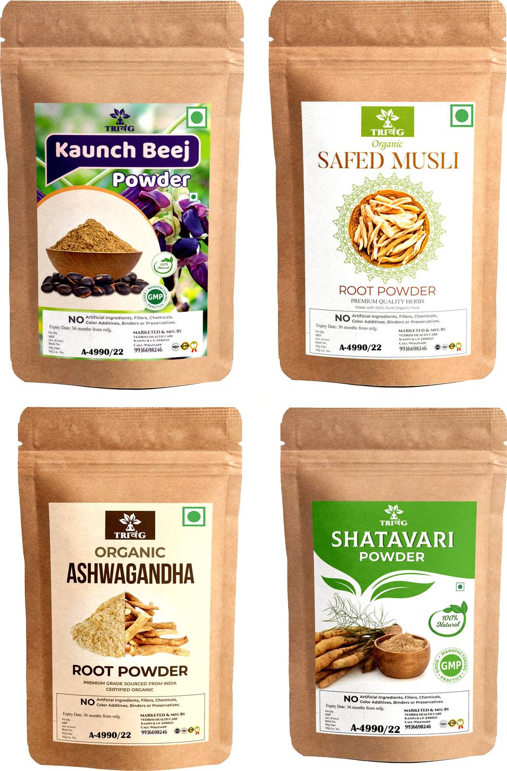Trivang Ashwagandha, Safed White Musli, Kaunch Seed, Shatavari Powder - Image 1