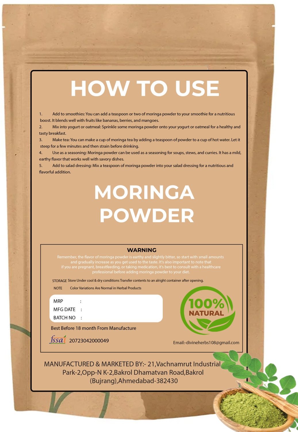 Image of DIVINE HERBS Natural & Organic Moringa Powder For Weight Loss, Health Care