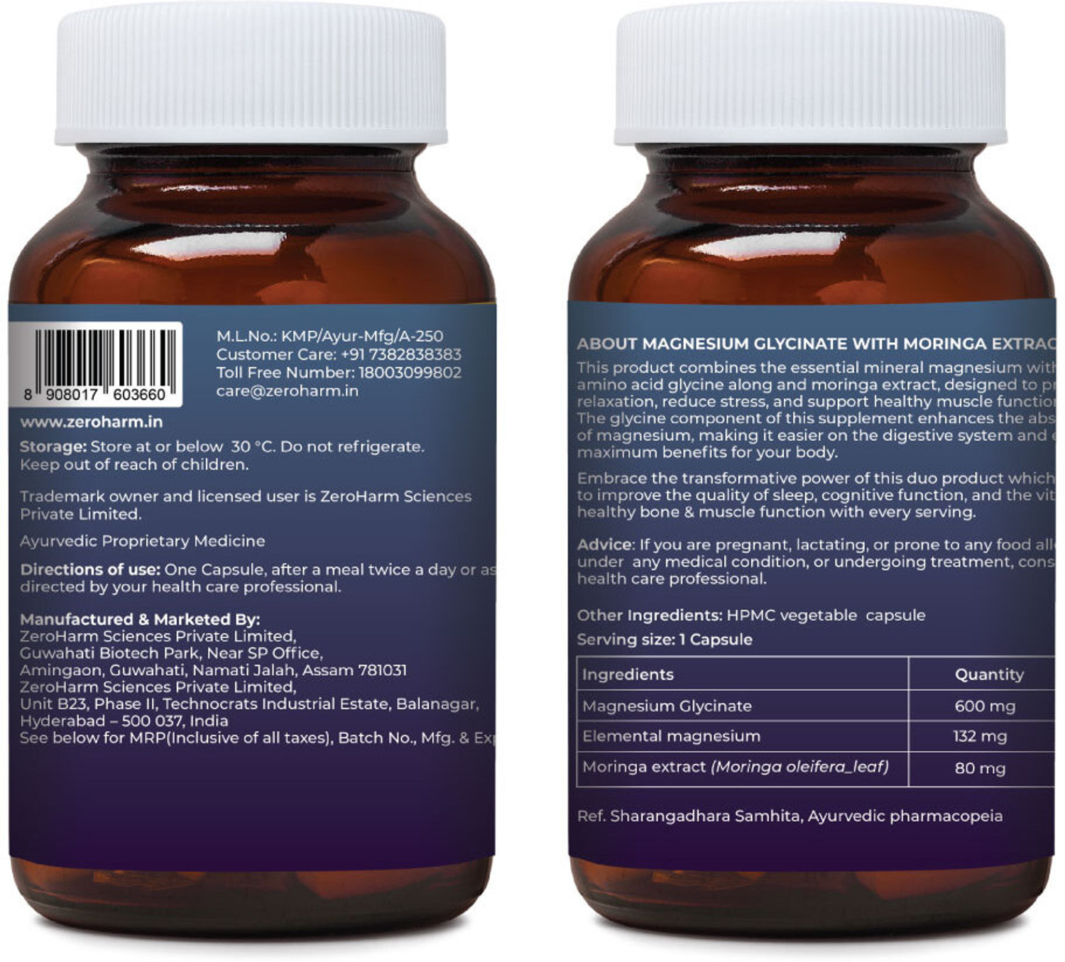 Image of ZEROHARM Magnesium Glycinate with Moringa for Sleep,Muscle Relaxation, Bone, Heart Health