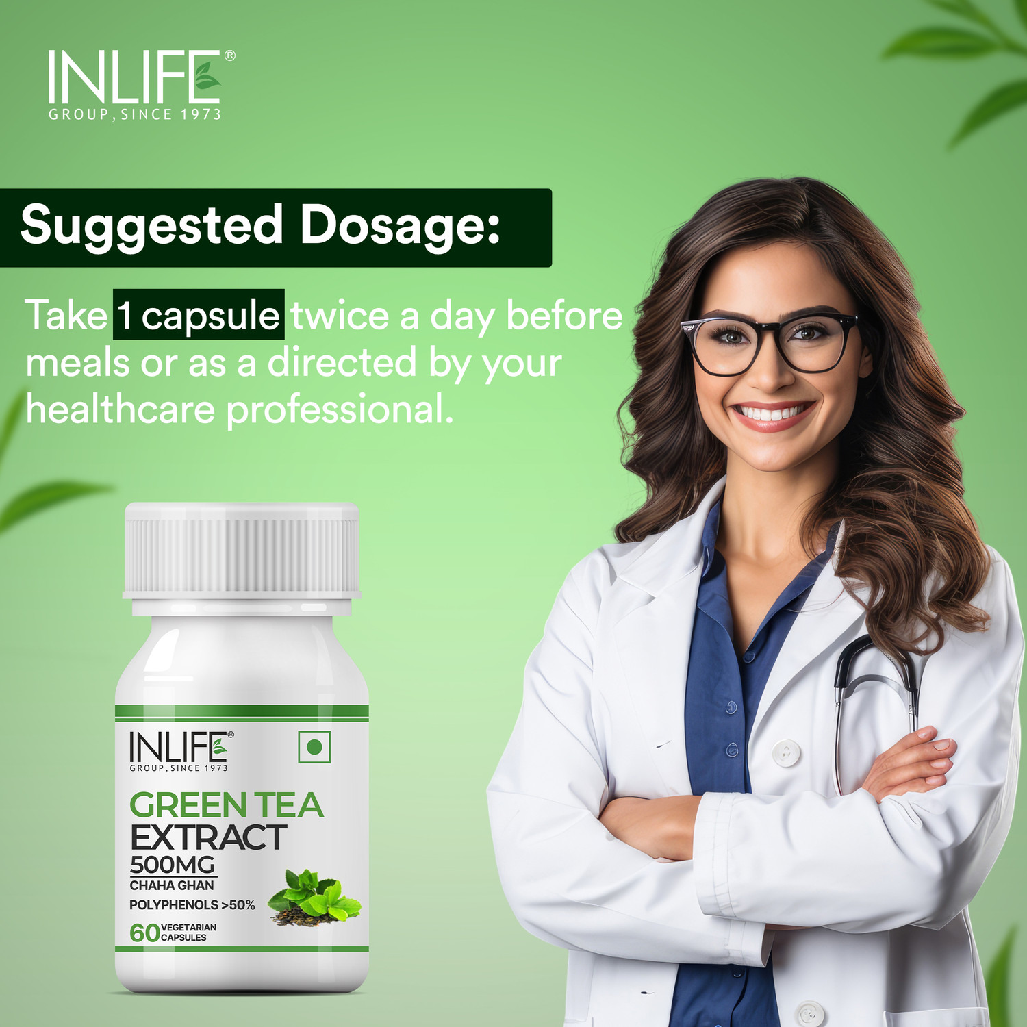 Image of INLIFE Green Tea Extract Capsules Herbal Supplement for Men Women, 500mg - 60 Capsules