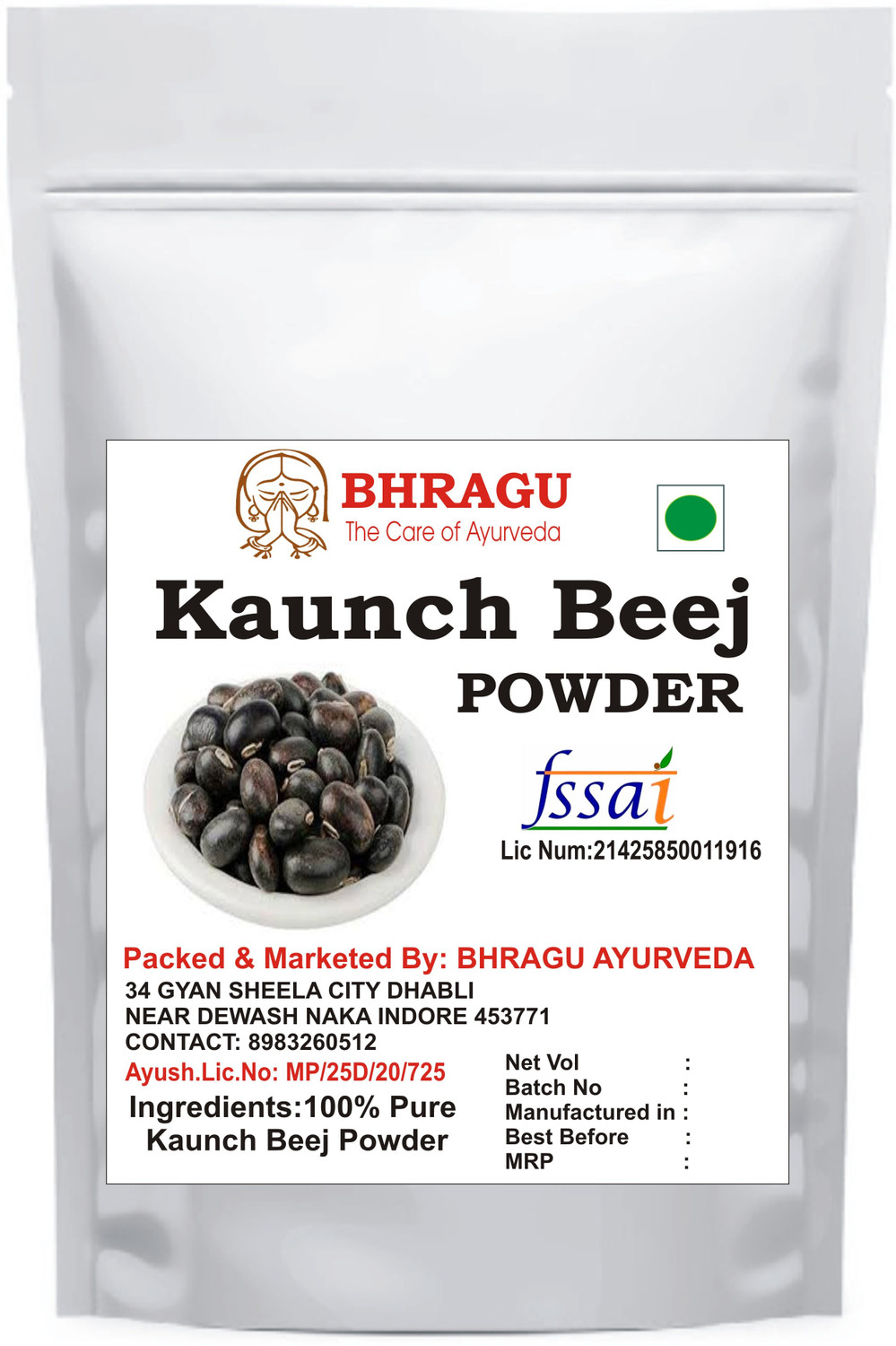 Image of BHRAGU AYURVEDA Ashwagandha,Safed Musli,Shatavari,Kounch /Konch Beej Powder Combo Pack