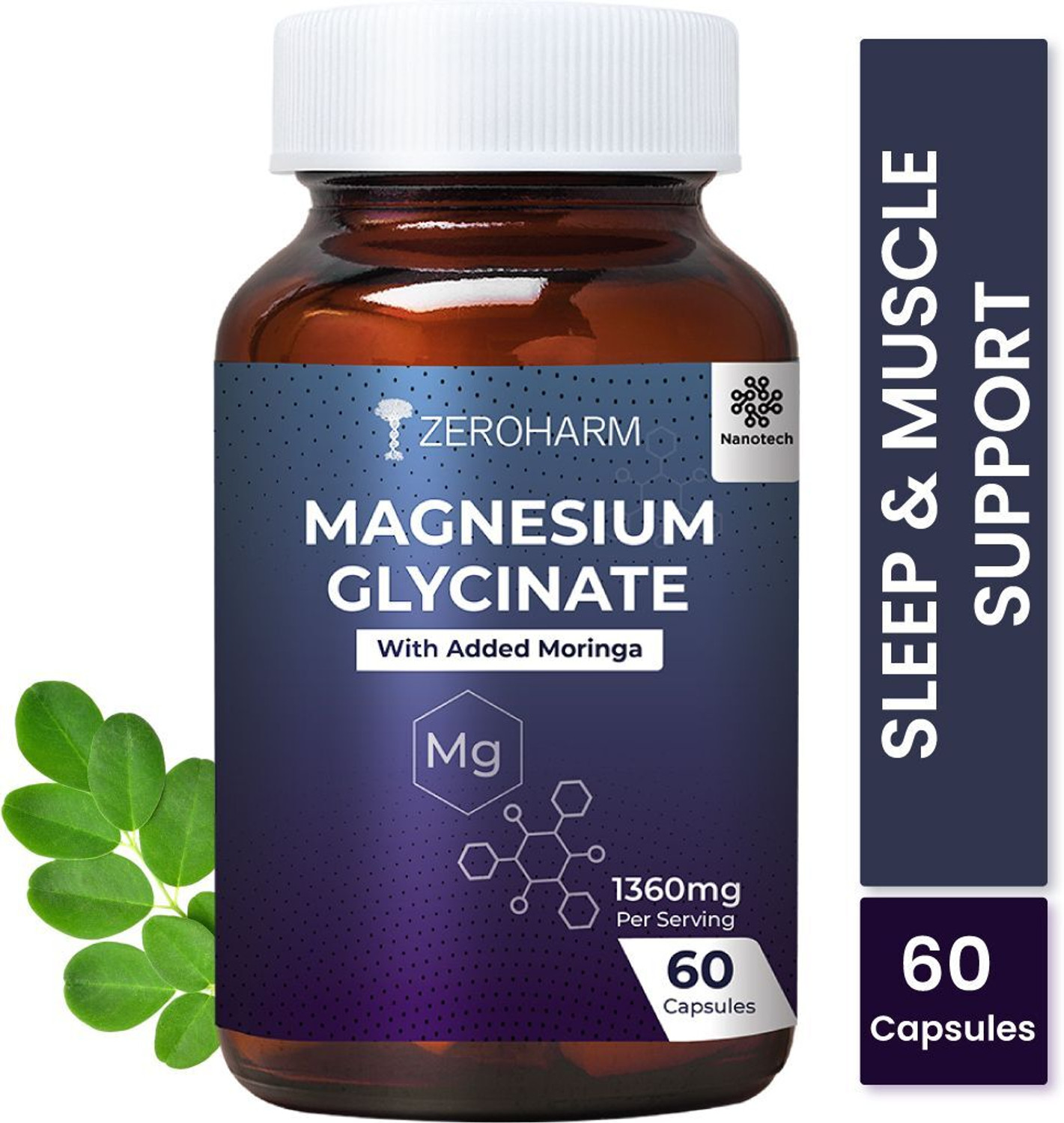 Image of ZEROHARM Magnesium Glycinate with Moringa for Sleep,Muscle Relaxation, Bone, Heart Health
