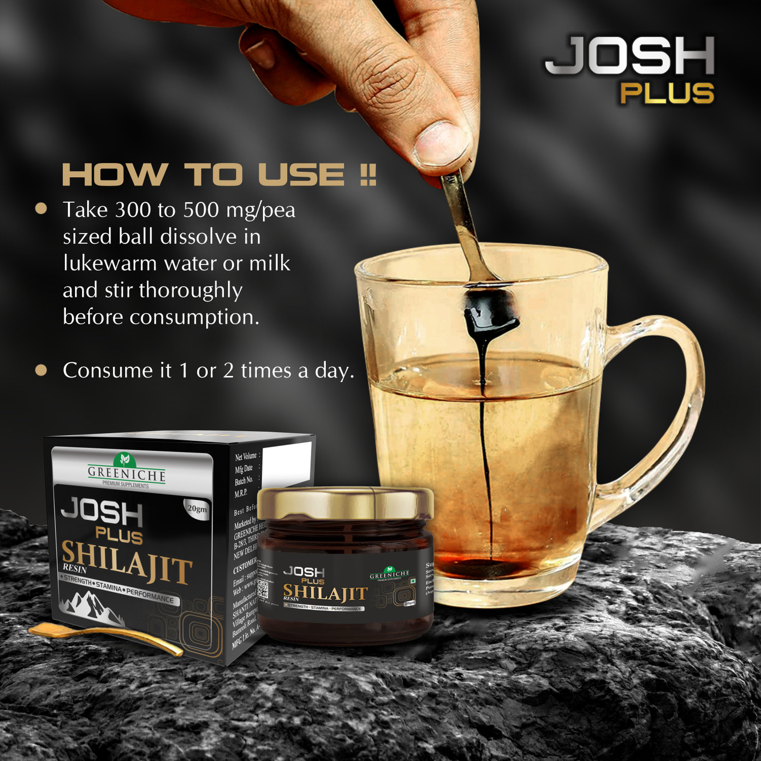 Image of Greeniche Premium Josh Plus Shilajit Resin for Strength, Power & Stamina | 20g
