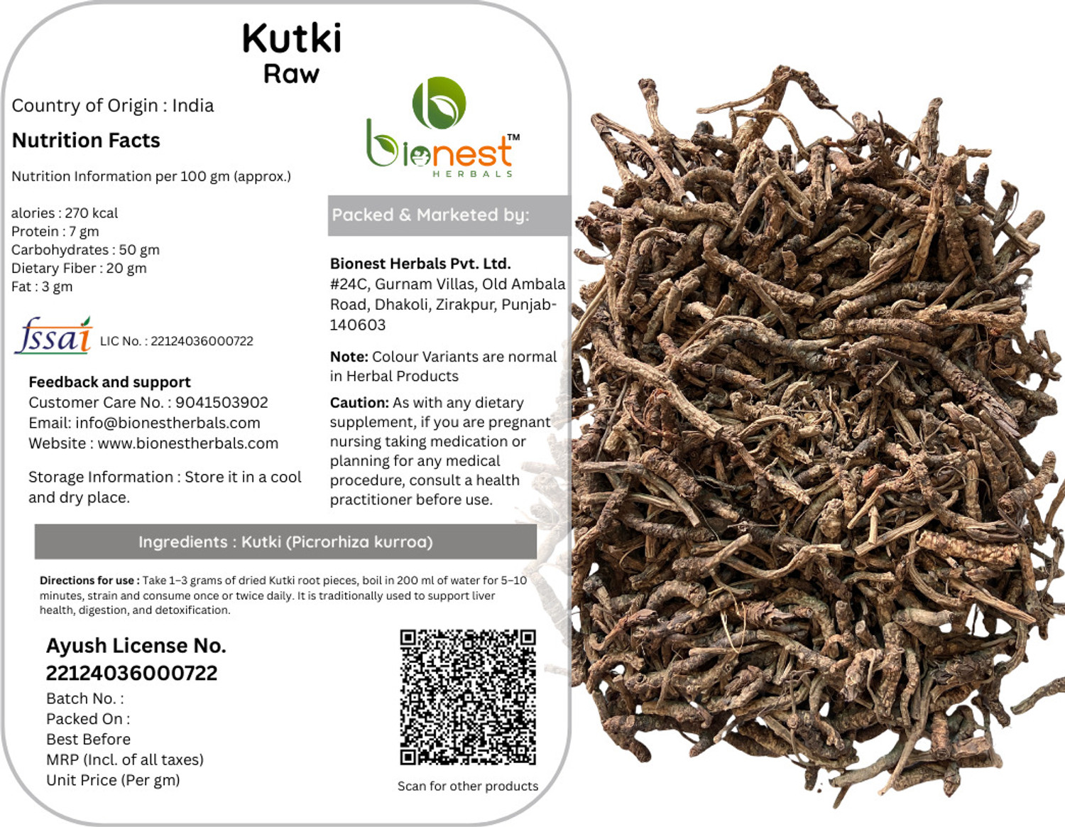 Image of Bionest Herbals Kutki (Raw) -250 g- Picrorhiza Kurroa / Katuki | Liver Health, Detox | Bitter Mixed Seeds