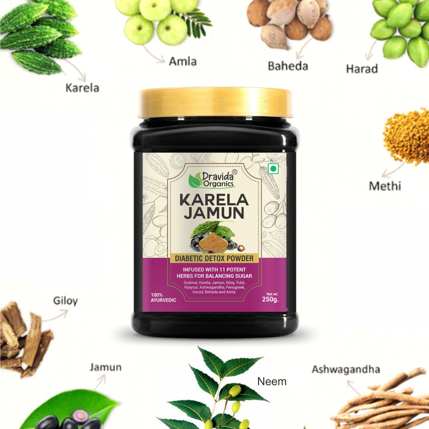 Image of DRAVIDA ORGANICS Karela Jamun Powder With 11 Potent Herbs Helps Regulate Sugar Management (250 g)
