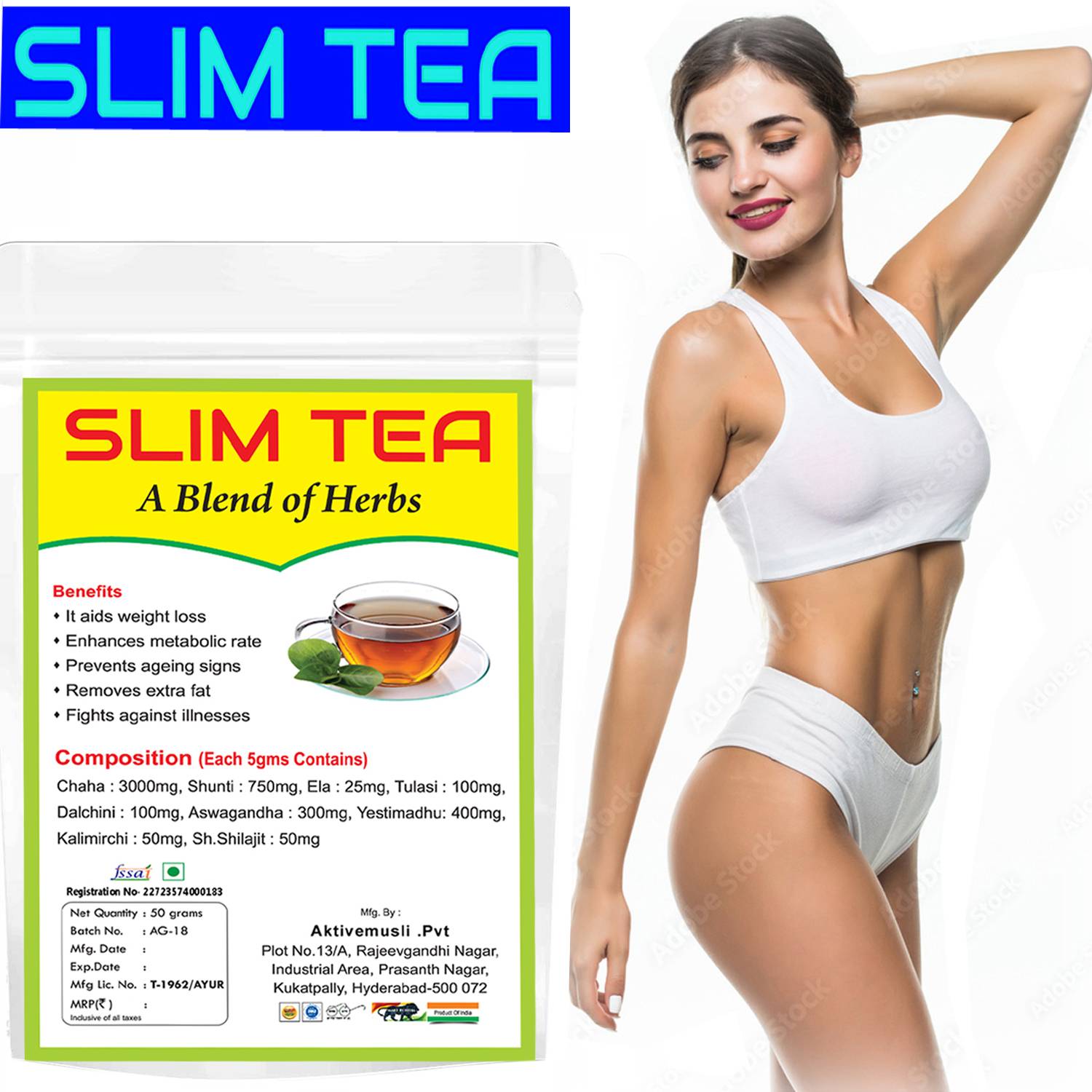 Aktivemusli Green Tea Slim tea 100% Pure Indian Flavoured Lemon Tea pouch