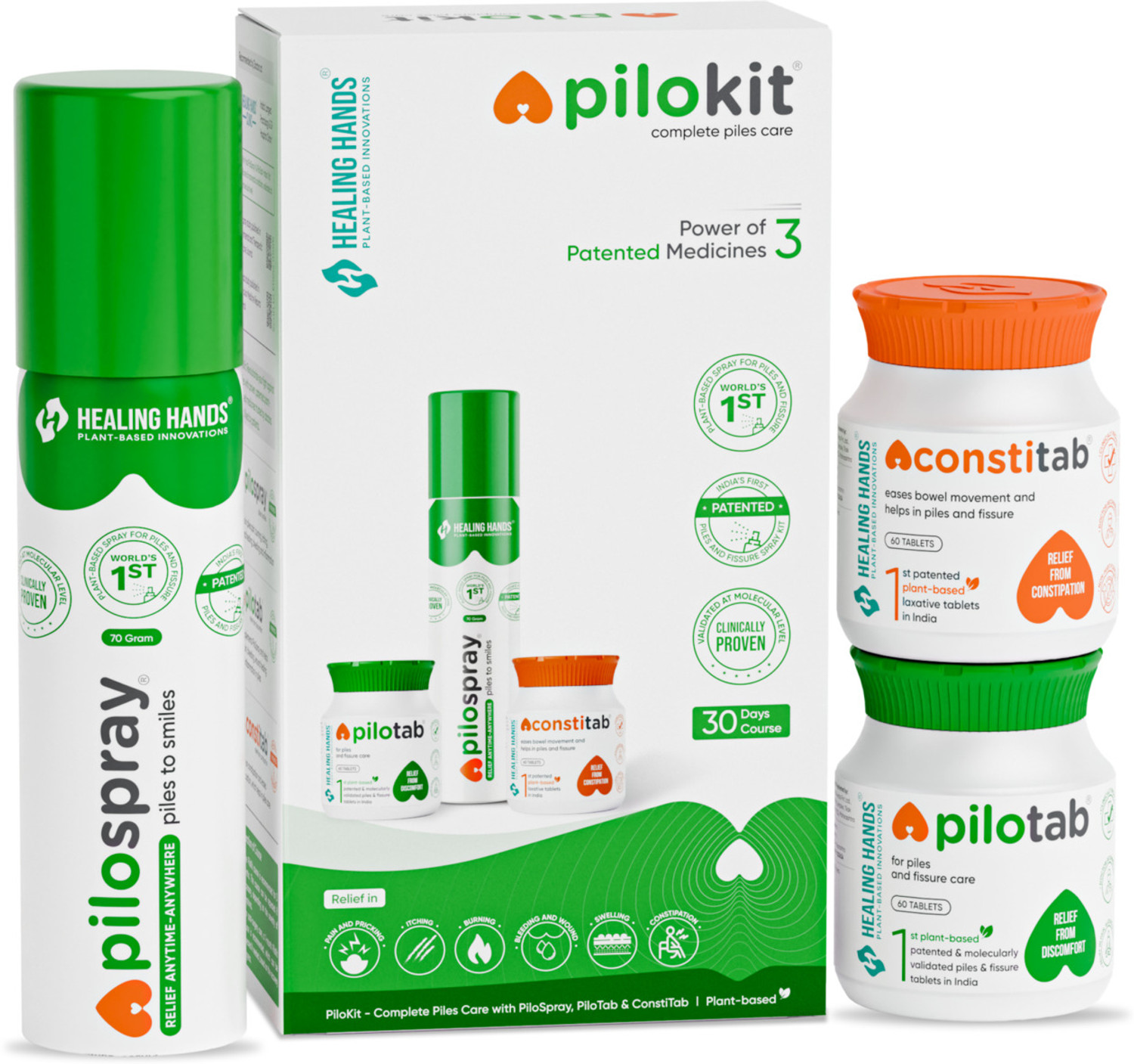Image of Healing Hands PiloKit Complete Piles Treatment Kit I 30 Days I PiloSpray + PiloTab + ConstiTab