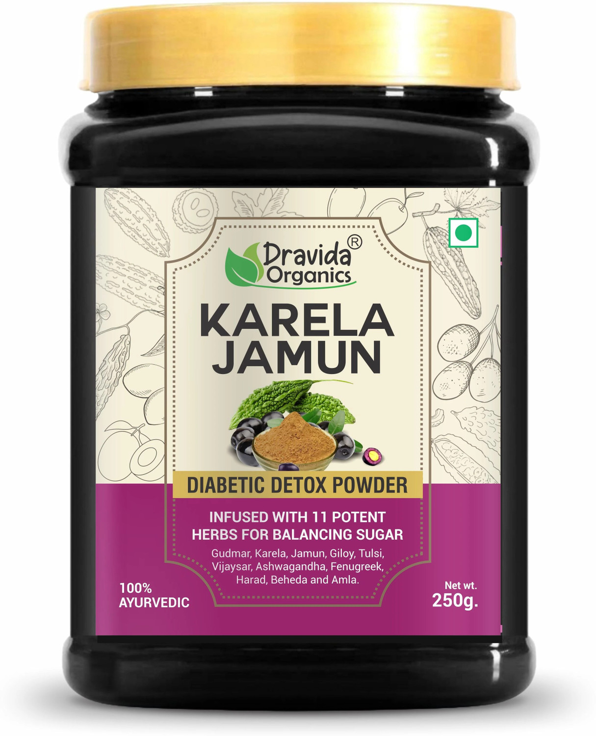 Image of DRAVIDA ORGANICS Karela Jamun Powder With 11 Potent Herbs Helps Regulate Sugar Management (250 g)