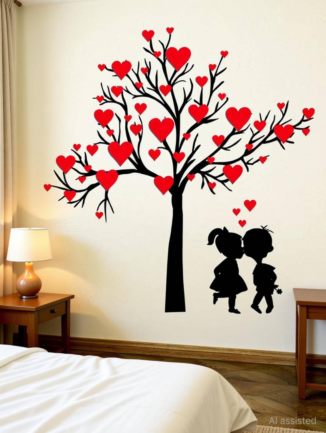 Aquire 75 Heart Shaped Leaves With Loving Couple Design For Bedroom And Living Room Decoration Vinyl Self Adhesive Sticker