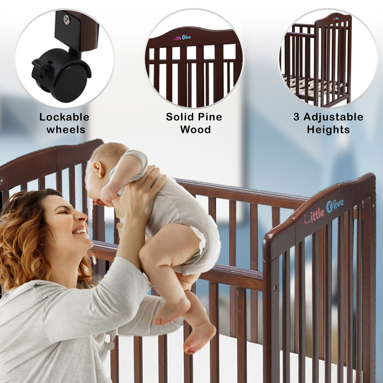 Image of Little Olive Star Wooden Baby Cot For New Born - Brown Cot