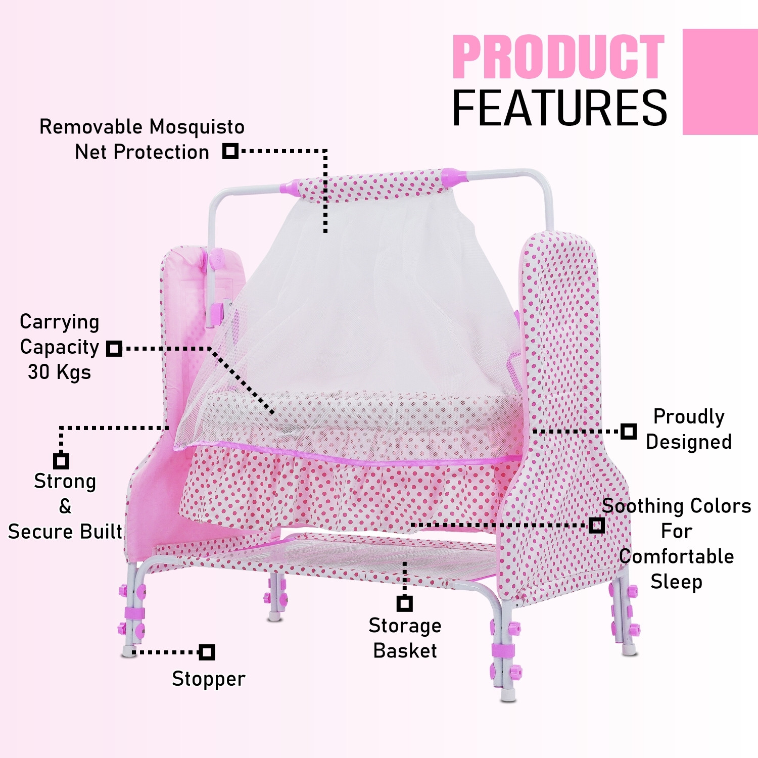 Image of Pandaoriginals BEST PINK BABY CRADLE PREMIUM|BEST IN SEGMENT FOR BABY With Mosquito Net Baby Jhula,Baby Paalna with Canopy Newborn Baby LittleNest Bassinet Cradle with Mosquito Net-Canopy And Wheels Recommened For Cradle For Baby With Net And Swing kids Cradle Baby Cradle Mosquito Net Cradle baby cradle jhula swing