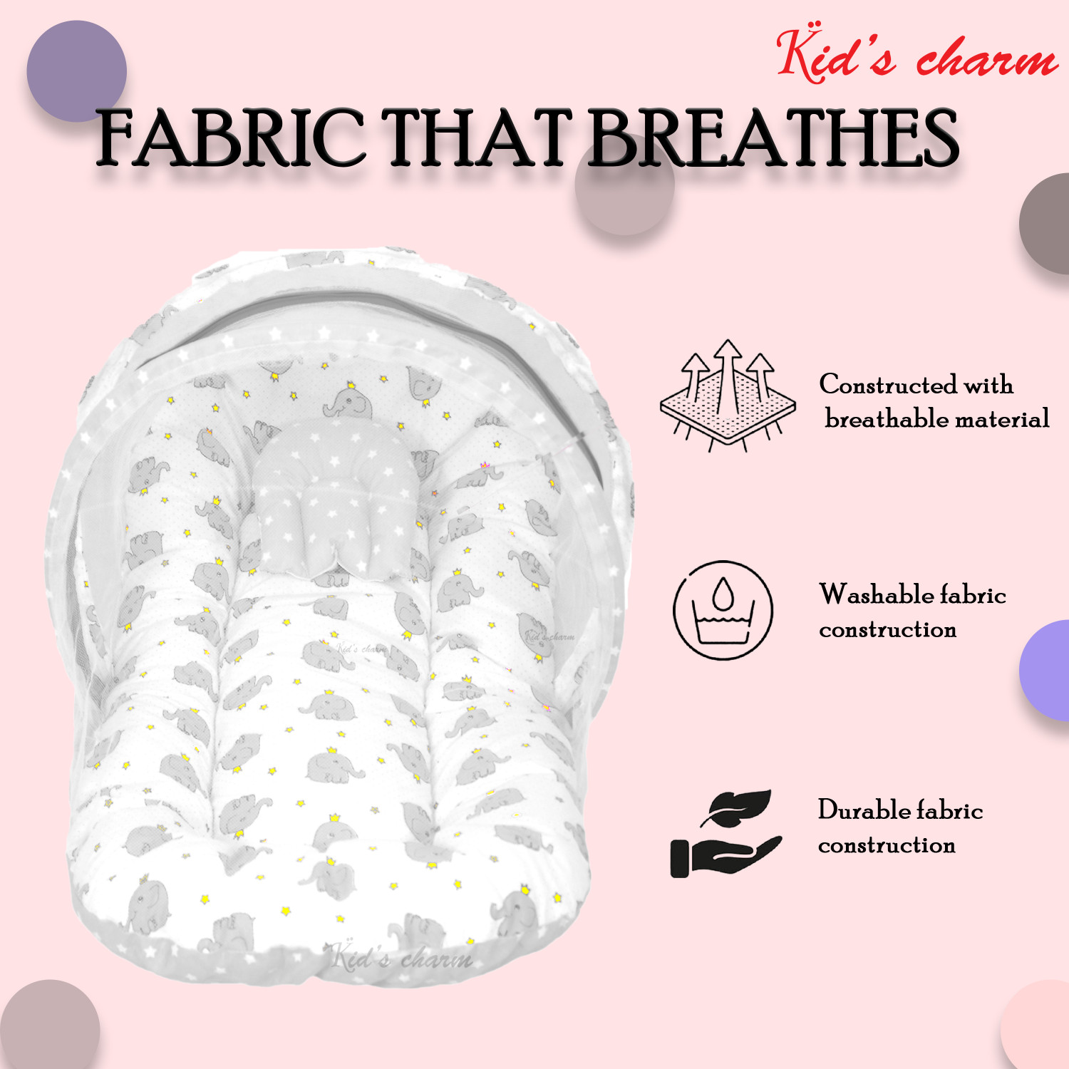 Image of Kid's Charm Mini Elephant 2 in 1 Baby's Cotton Bed with Mosquito Net for 0-4 Months Baby mosquito net bed Sturdy Mattress with Both Side Zip Closure & Pillow for New Born
