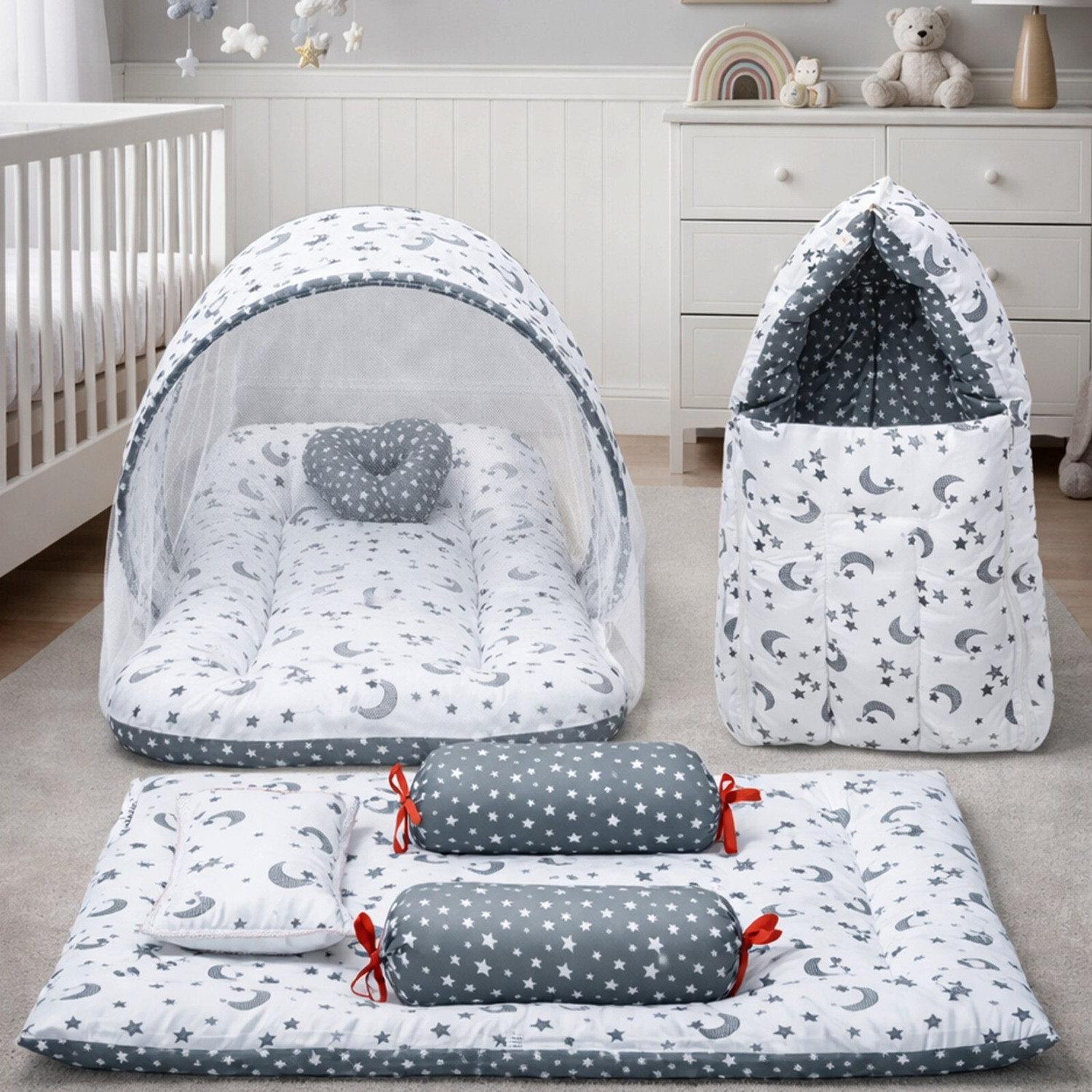 Image of Fareto Combo of Baby Bed with Net | Carry Bag | 4 Pcs Bedding Set(0-6 Months standard crib